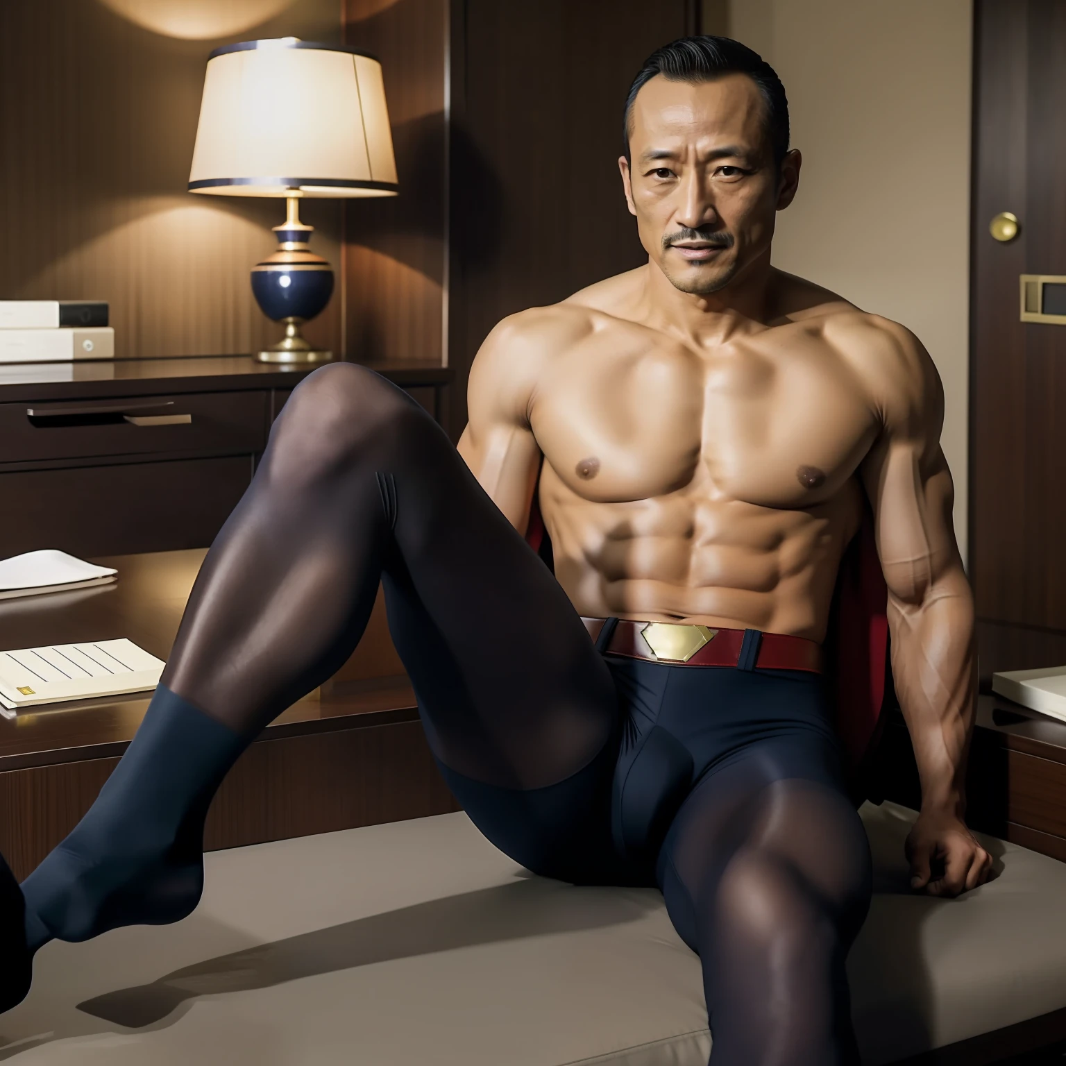 50yearsold，Hidetoshi Nakata，（Kogoro Mouri 1.3），Shirtless，Tong，Bulge，office room，black long socks，Thin，musculature，lbeard，fortitude，artwork of a，tmasterpiece，k hd，ssmile，Superman costume，leg wide open，sitted