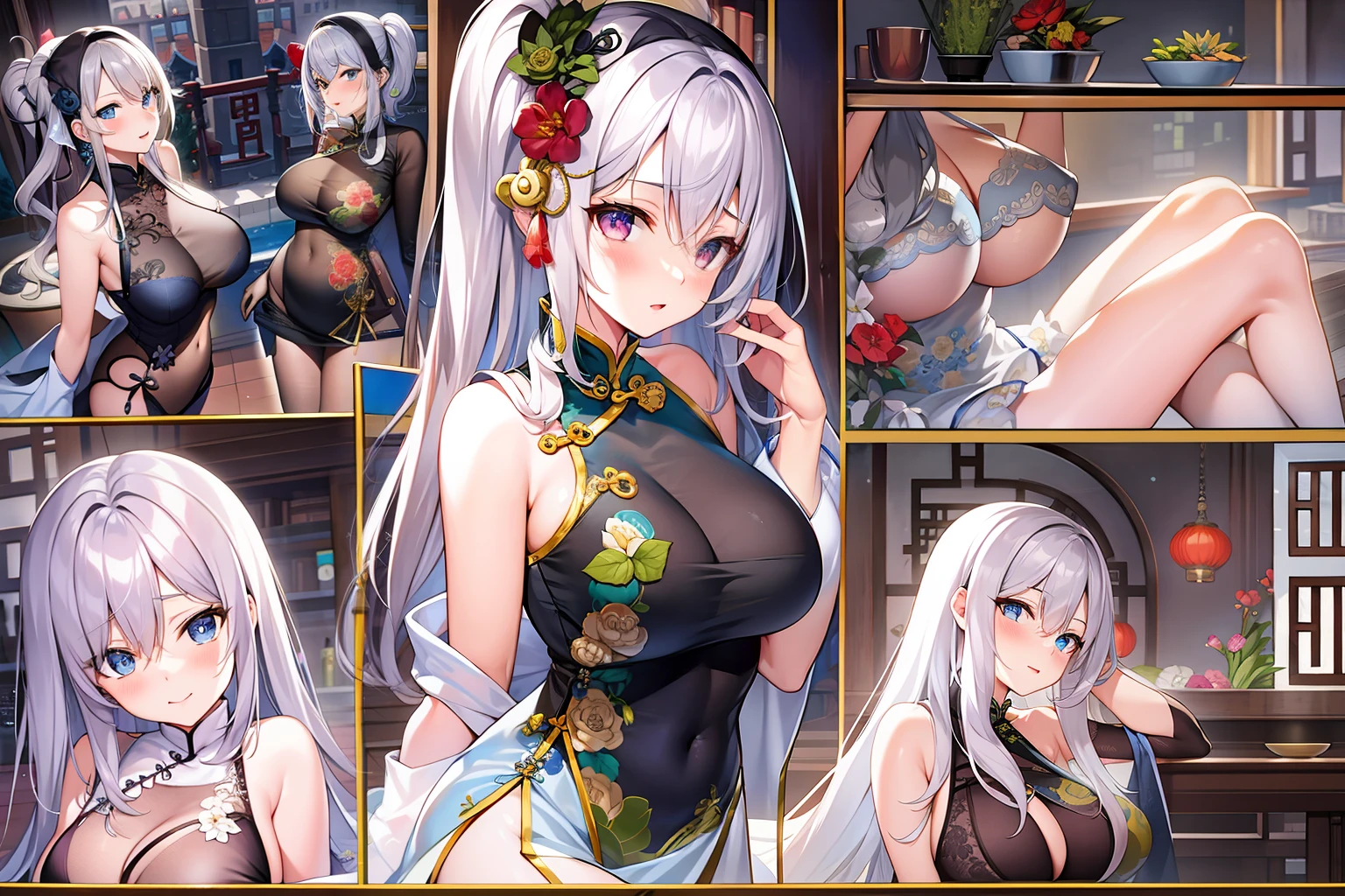 tmasterpiece,High quality,Condensation(the original god),China Cheongsam,Big breasts,Long-legged royal sister,blackstockings,Erotic lingerie,Erotic eyes,Long hair,White hair,