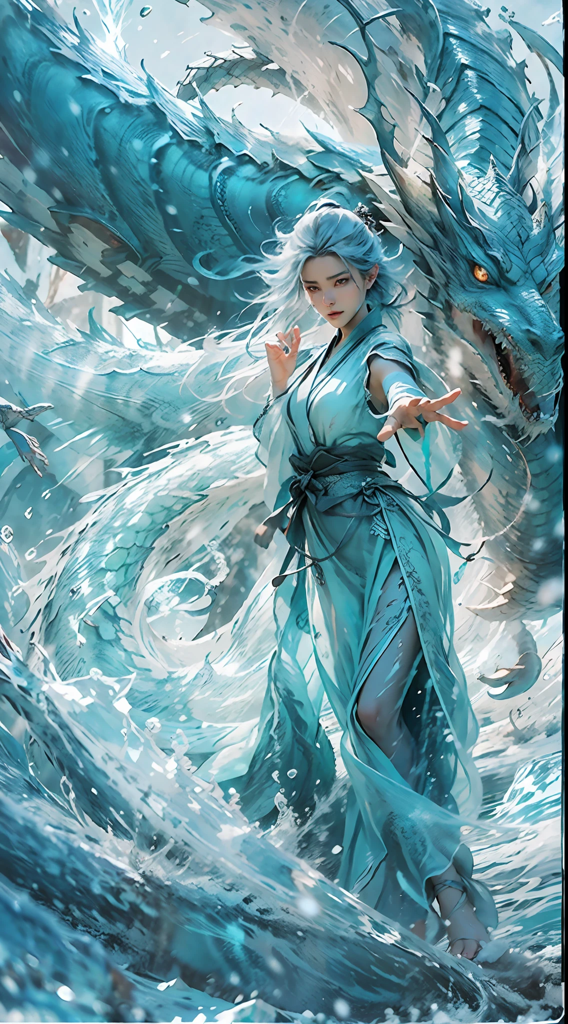 (((1girll，Cast spells with both hands，Draw a taiji diagram，Water magic)))，Imperial water，A magician，（Loose dress：1.5），（Perfect facial features：1.4），（Blue silk robe），（Mysterious magic formations：1.2），((Green Ice Dragon，The ice dragon hovered))，（Ice crystal scales），Blue glow，（Frost wings），Powerful ice magic，Icicles，Towering over the landscape，Blue light cold light，Ice storms，Wind，Flying snow ice and snow，Amazing results，,best qualityer,tmasterpiece,超高分辨率,finely detailled,Complicated details,8K分辨率,8KUCG wallpaper,hdr,water blue,Magic Array,Cinematic lighting effects,lightand shade contrast，Ray traching、NVIDIA RTX