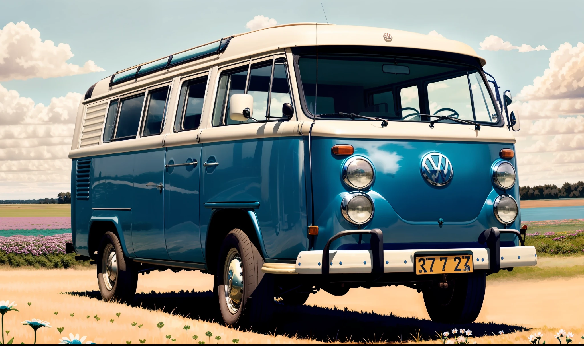 A highly detailed digital painting of a blue and white Kombi parked on a flowery plain, Vw, Medium shot Front profile, new vehicle, Perfil frontal, 8k, cores vivas, perfectly proportions