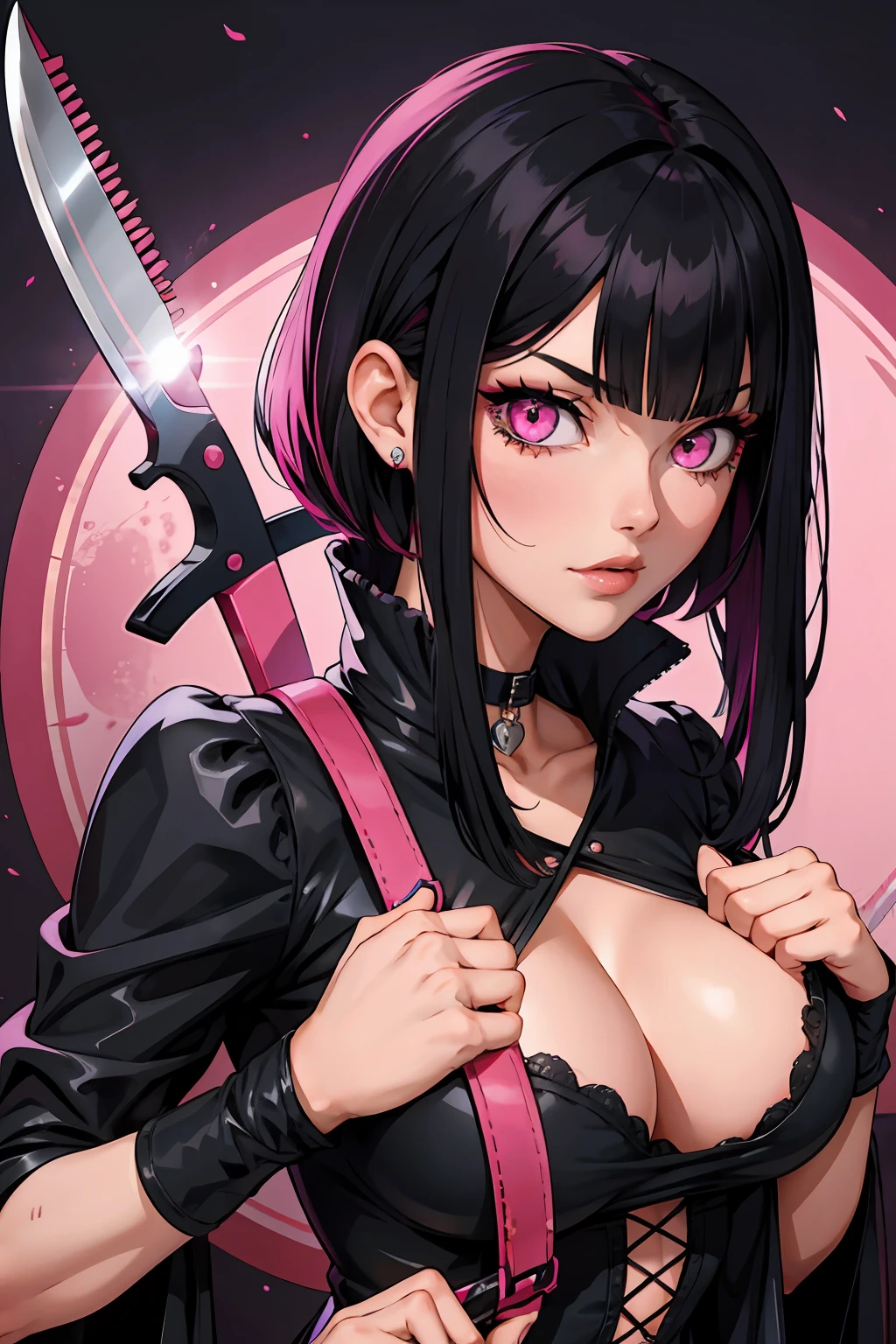 Pyscho Girl black hair with pink bangs gothic eyes knife blood