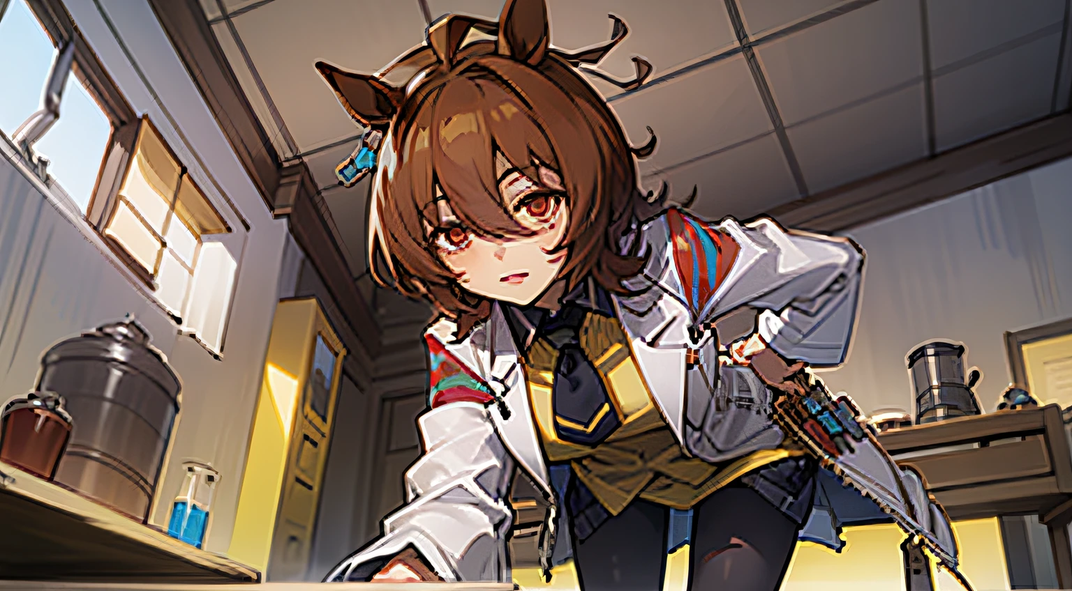 Agnes Tachyon, Umamusume, Wearing a long white lab coat that hides her hands, Create an air of mystery around her. She wears black tights, Add to her powerful and attractive appearance. In a commanding posture, She raises her legs as if stepping over or dominating something or someone below her. You observe her from a lower perspective, Emphasize her assertive stance and the feeling of being under her control. The scene takes place in a luxurious Western-style room, A luxurious setting that highlights Agnes Tachyon's impressive presence.