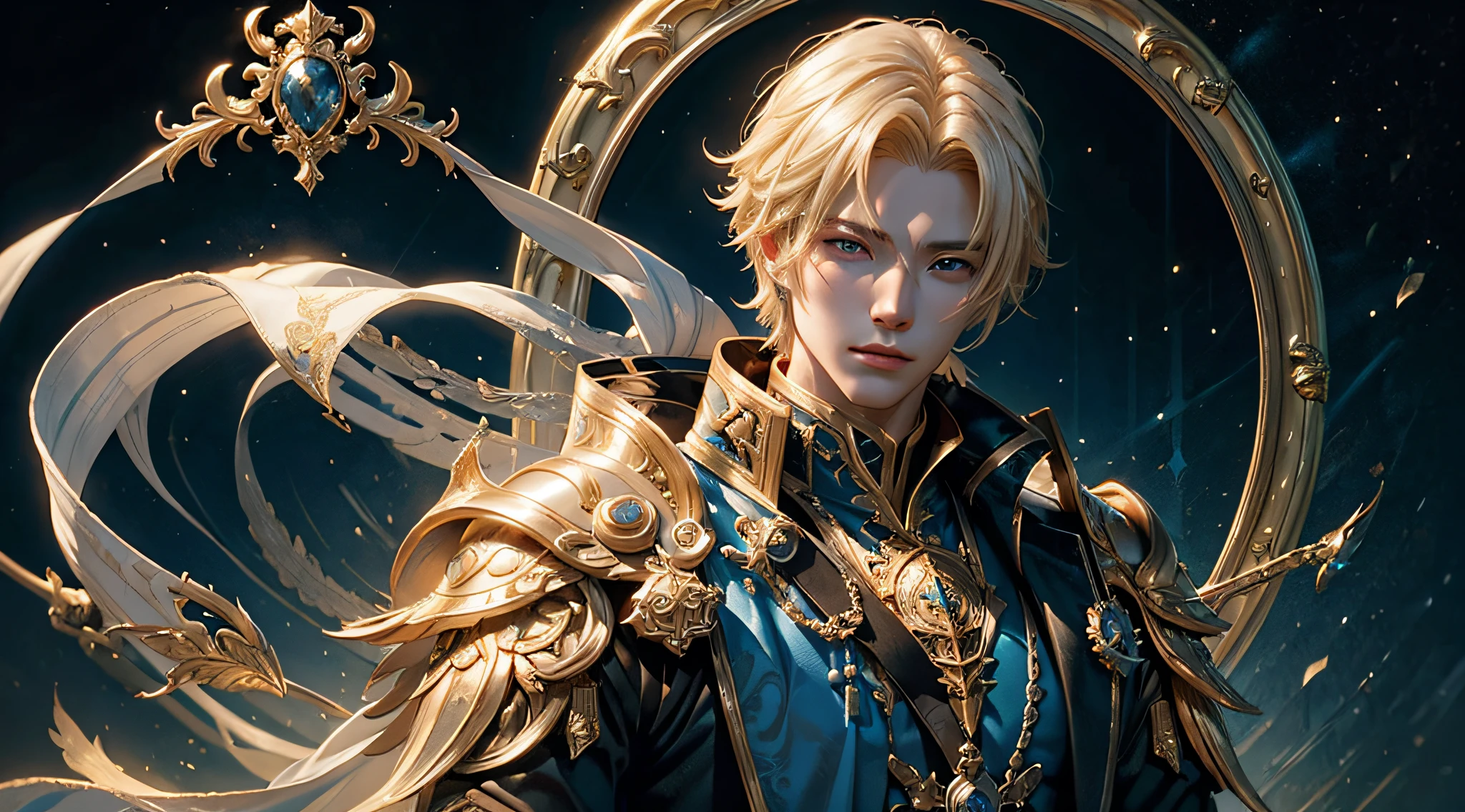 solo, 1man, male character in a blue and gold outfit, portrait of magical blond prince, by Yang J, from lineage 2, male blonde ranger, heise jinyao, g liulian art style, lineage 2 revolution style, a portrait of a male , beautiful androgynous prince, beautiful male , fantasy male portrait, casimir art