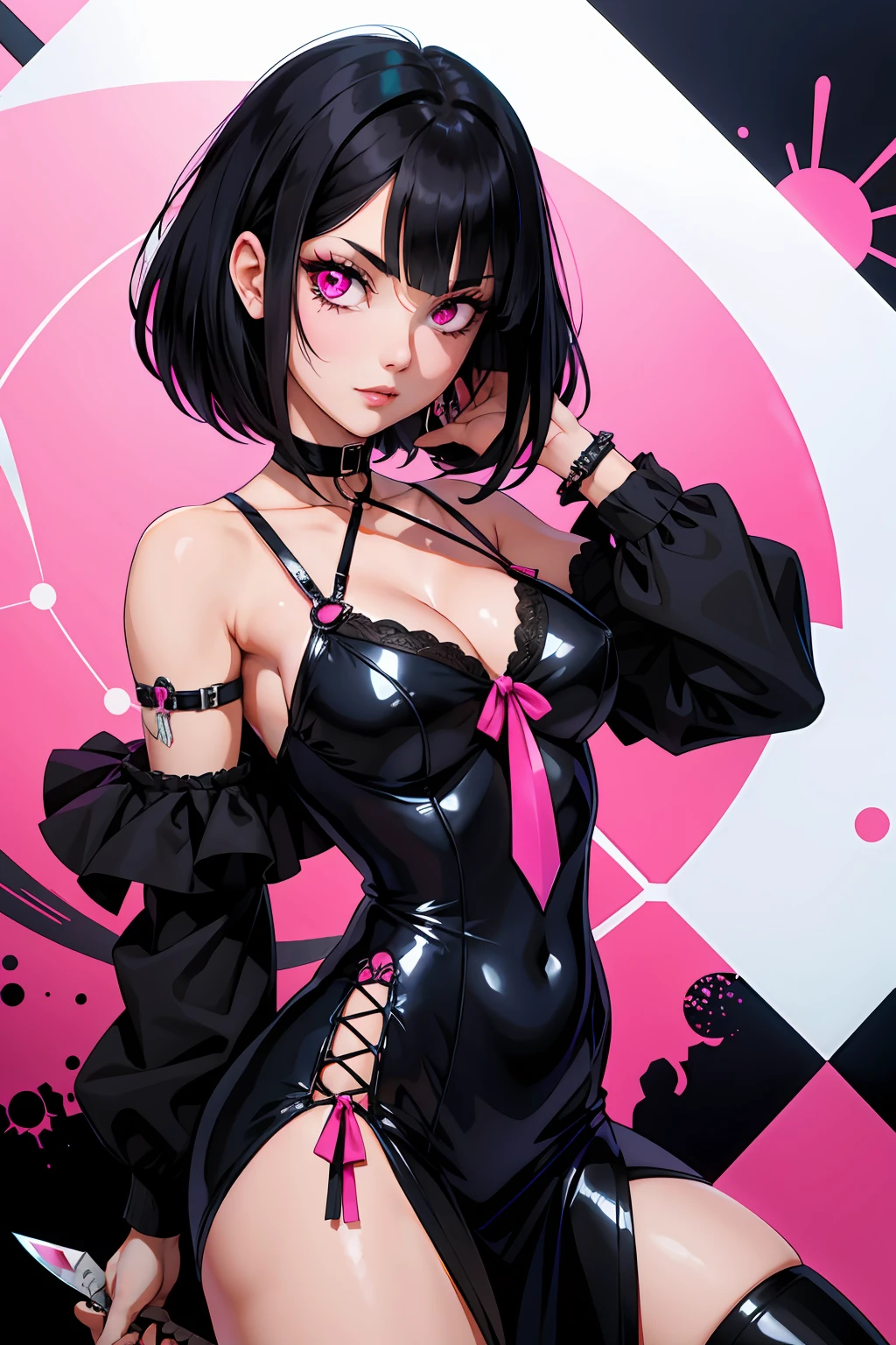Pyscho Girl black hair with pink bangs gothic eyes knife blood