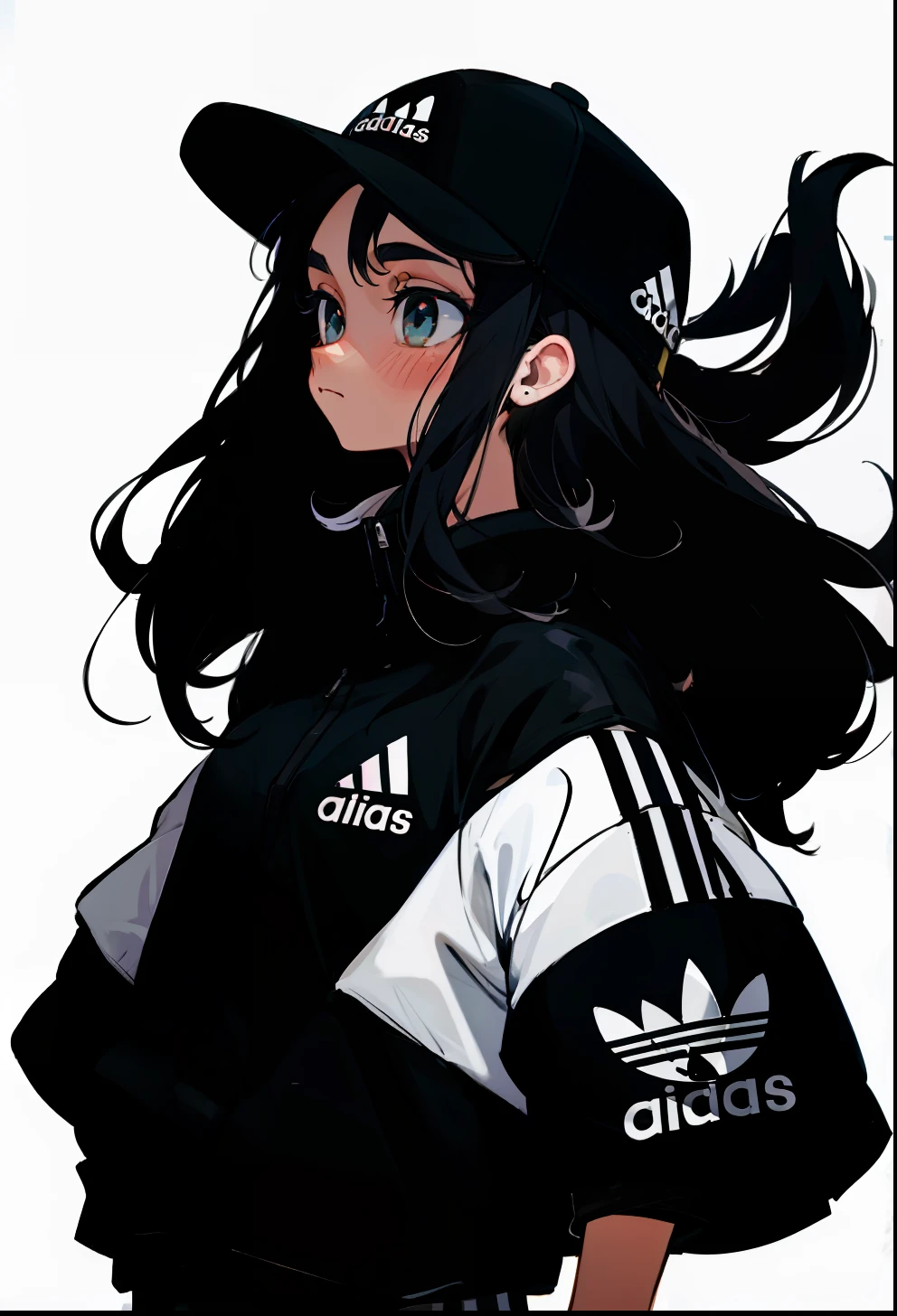 Black hair, 1Girl, Adidas Clothing, Long-haired, Baseball Cap