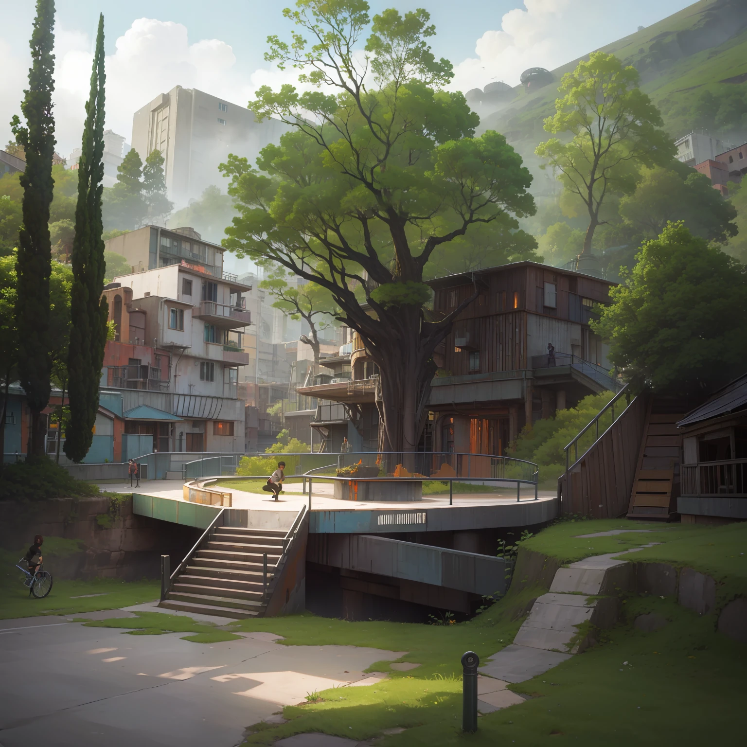 The parkour site is an area with nature, the concrete platforms and metal structures on top of lava. No fundo, we can see tall trees. The parkour course is challenging.