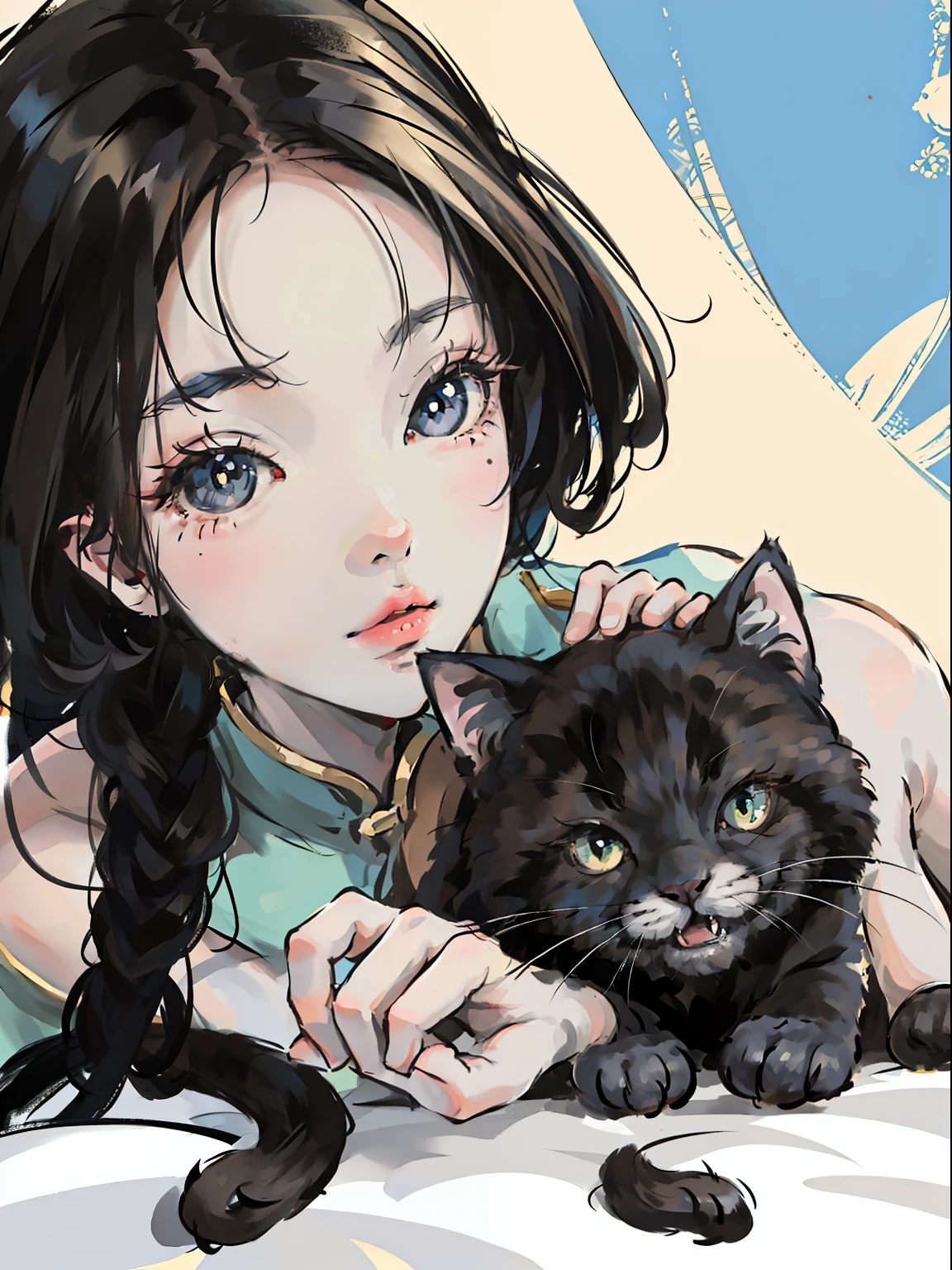 Close-up of the face·,k hd,tmasterpiece,illustration,A cat and a girl with short black hair,Chinese mythological elements,Cute and mysterious