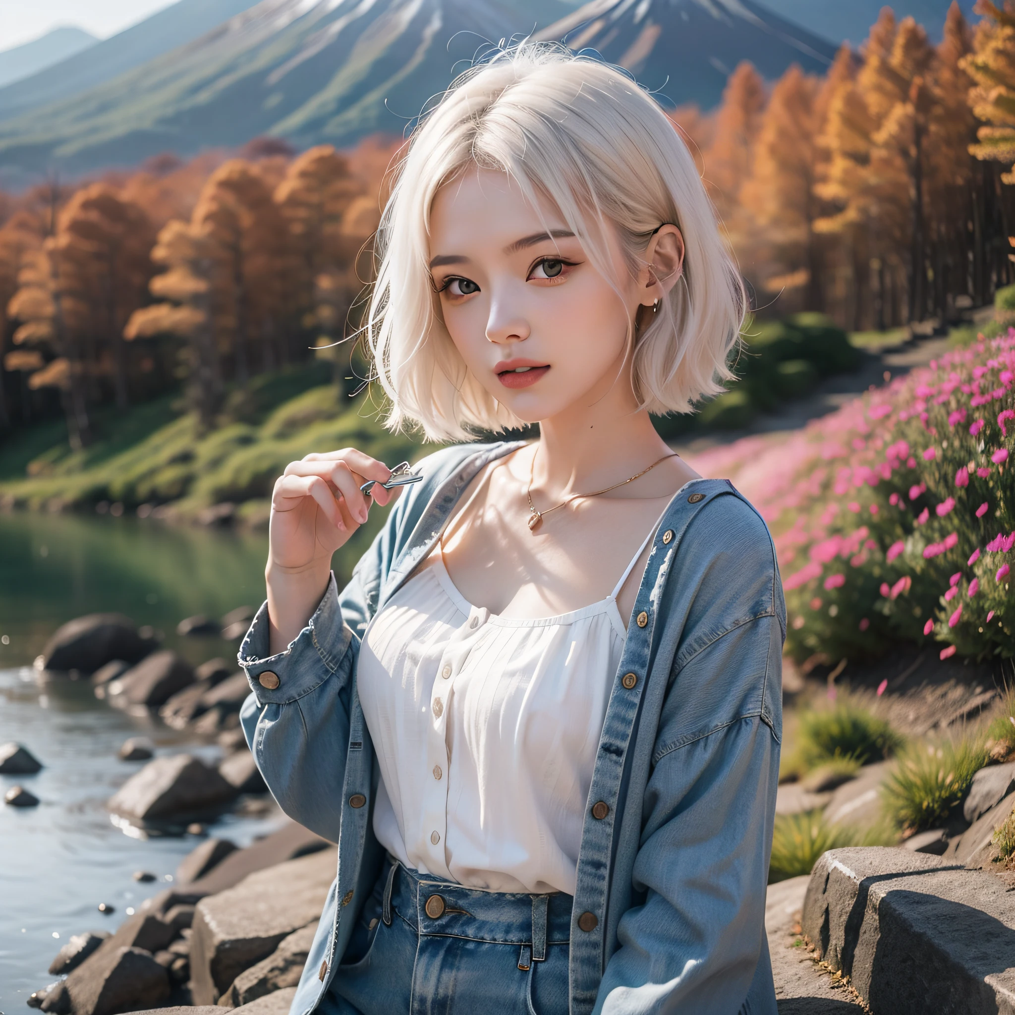 A European and American girl with short white hair and a gorgeous personality，In the magnificent background of Mt. Fuji