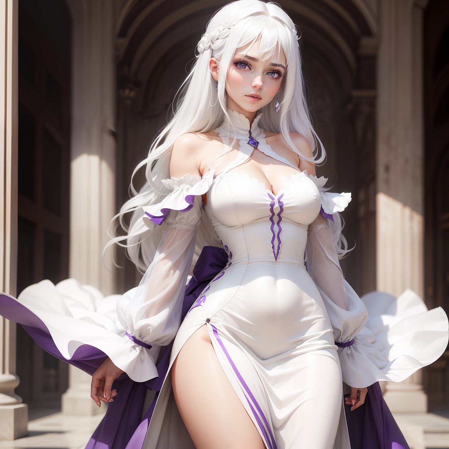 a women, white hair, purple eyes, white dress