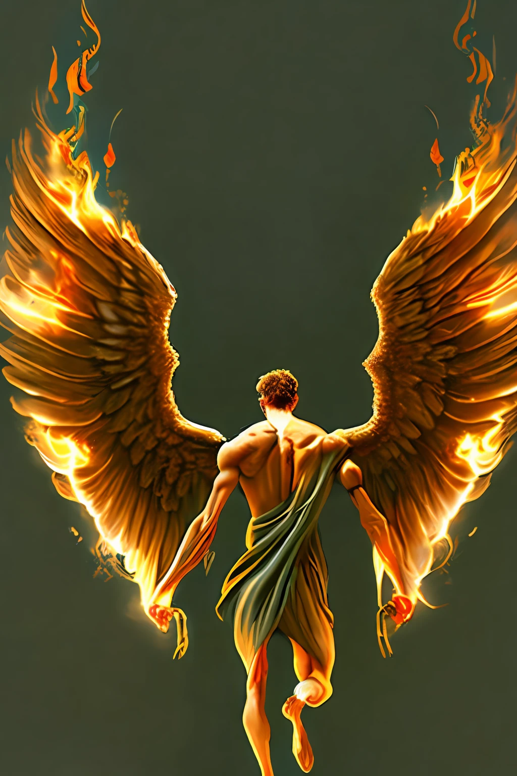 Ancient male angel, Back, drags two people by the hair to the fire