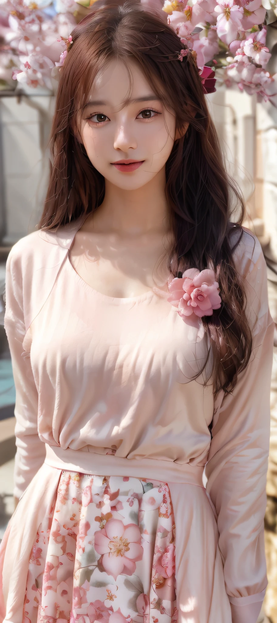 a close up of a woman with a long hair wearing a dress, frilled blooming collar, ulzzangs, with soft pink colors, Cute:2, flowing sakura silk,black color hair，Bigchest，Big-breasted girl，Take photos while standing，In pastel colors, soft cute colors, Choi Hyun-hwa, sakimichan, Beautiful image, Beautiful young Korean woman, hair floating covering chest, Soft details, Lovely woman，smiling girl，with fair skin，Clean skin