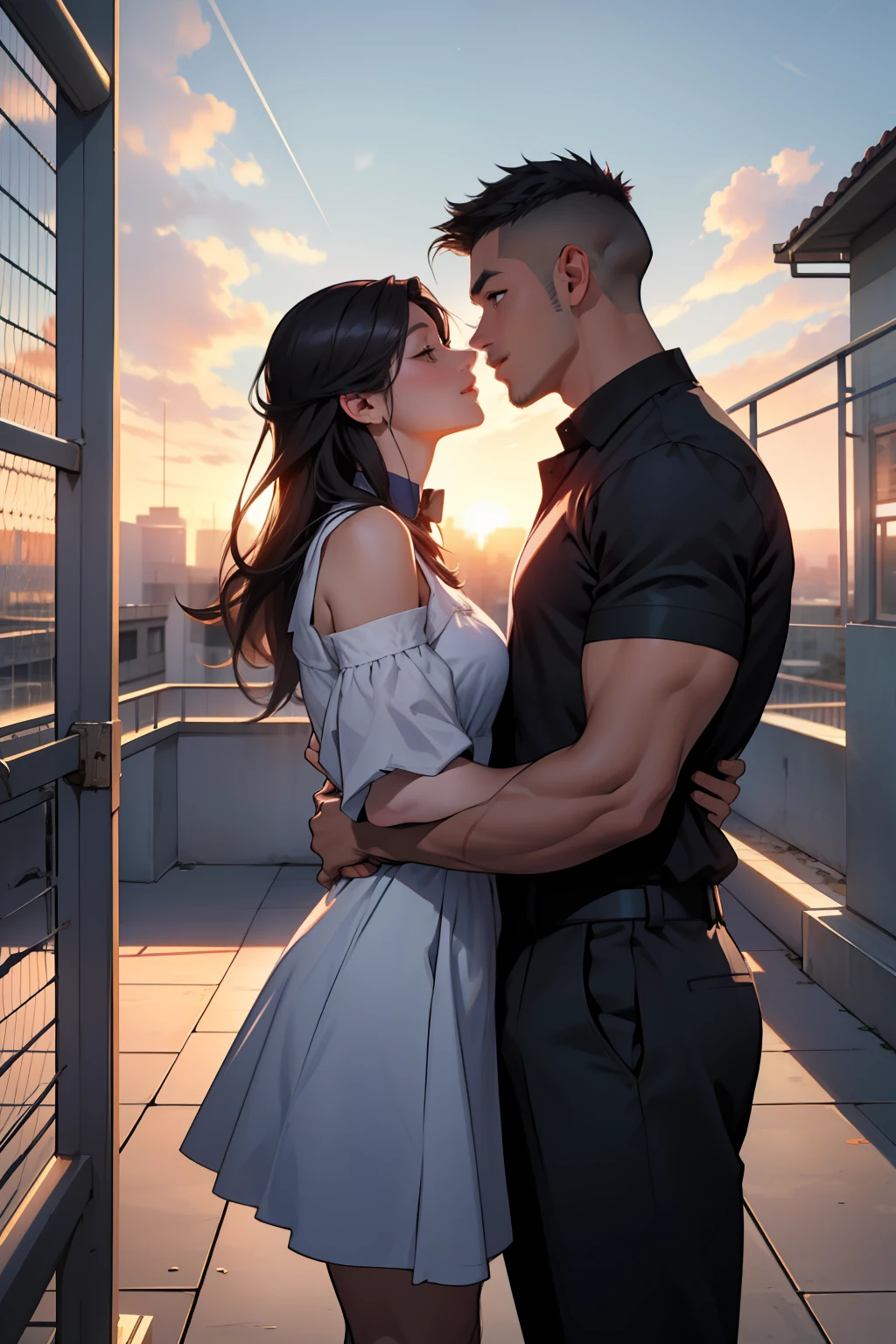 Campus rooftop，1 teacher and 1 handsome male teacher kissing，the setting sun，Chain railings，tmasterpiece，Best Picture Quality，highly-detailing。