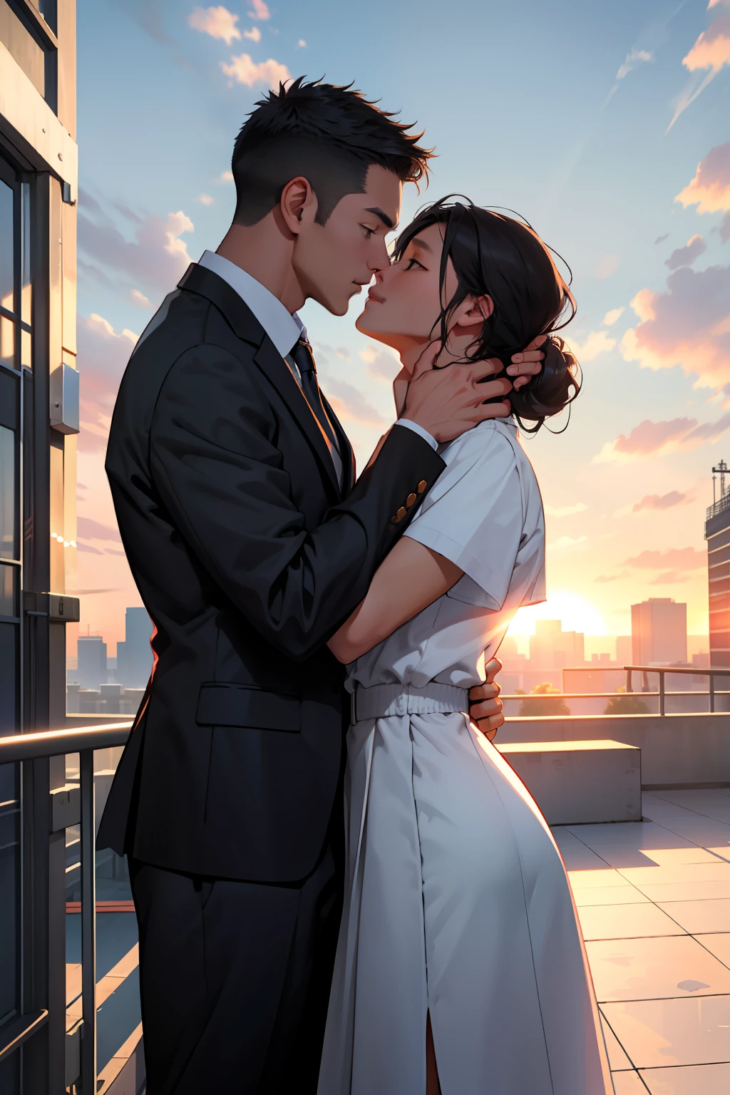 Campus rooftop，1 teacher and 1 handsome male teacher kissing，the setting sun，Chain railings，tmasterpiece，Best Picture Quality，highly-detailing。