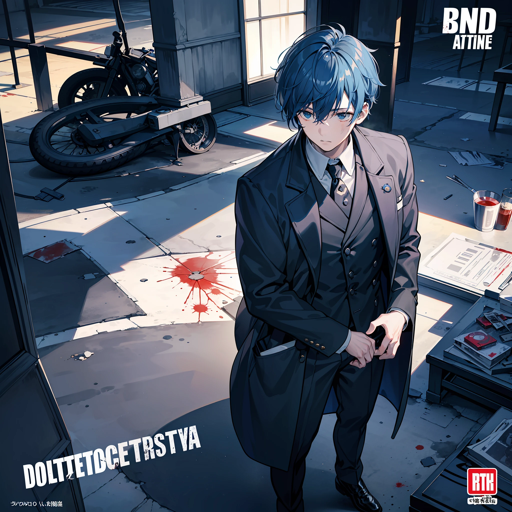 (A detective investigating a murder mystery), masterpiece, best quality, full body, (1boy), (detective coat), (Boy Messy Japanese Round Haircut for Thick Hair), (blue hair), (solo), (cover-style:1.3), lonely mood, tone dark, blood stains,dark lighting, (A crime scene and a corpse)