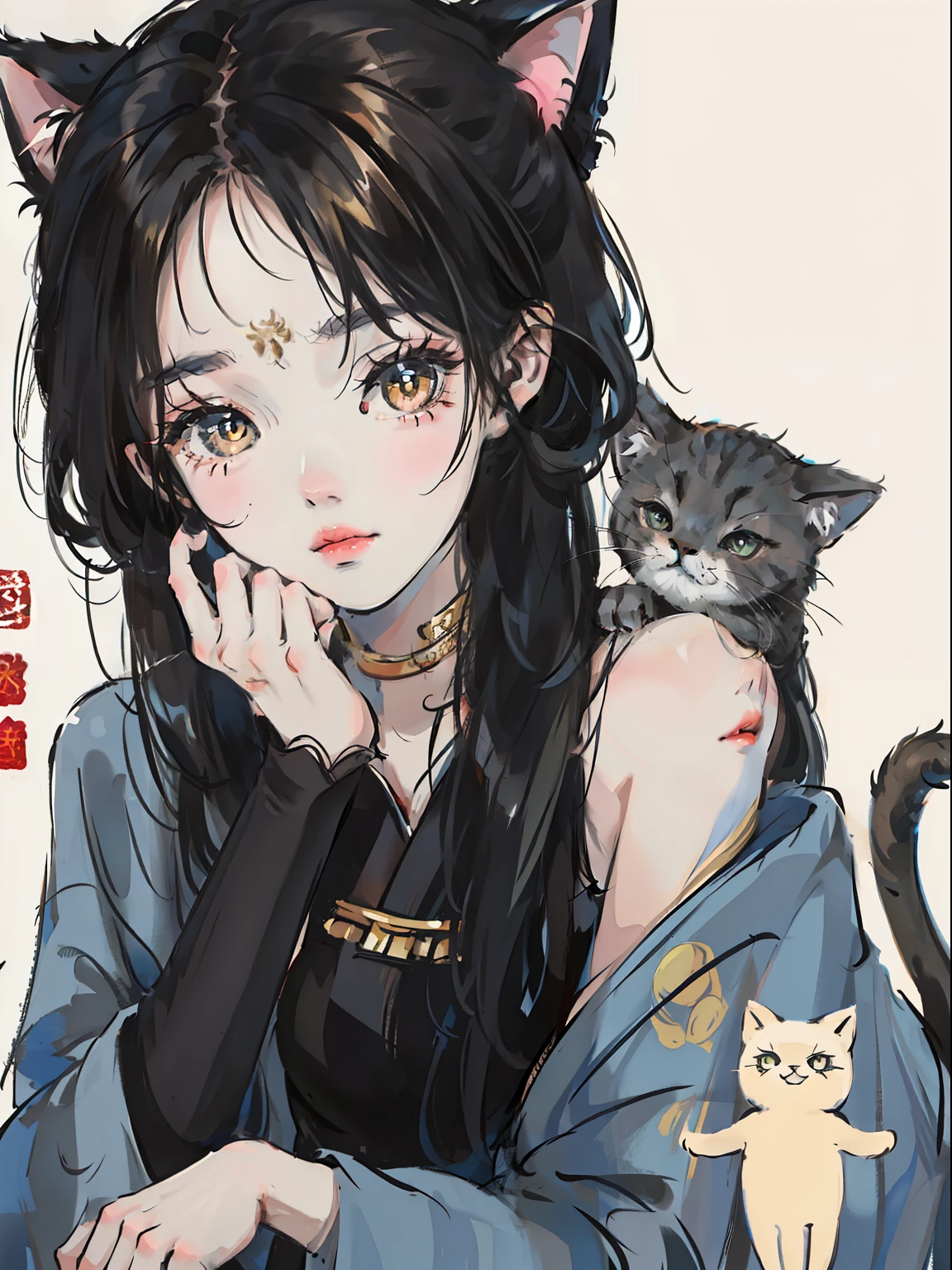 Upper body close-up ·,A cat and a girl with short black hair,Chinese mythological elements,Cute and mysterious