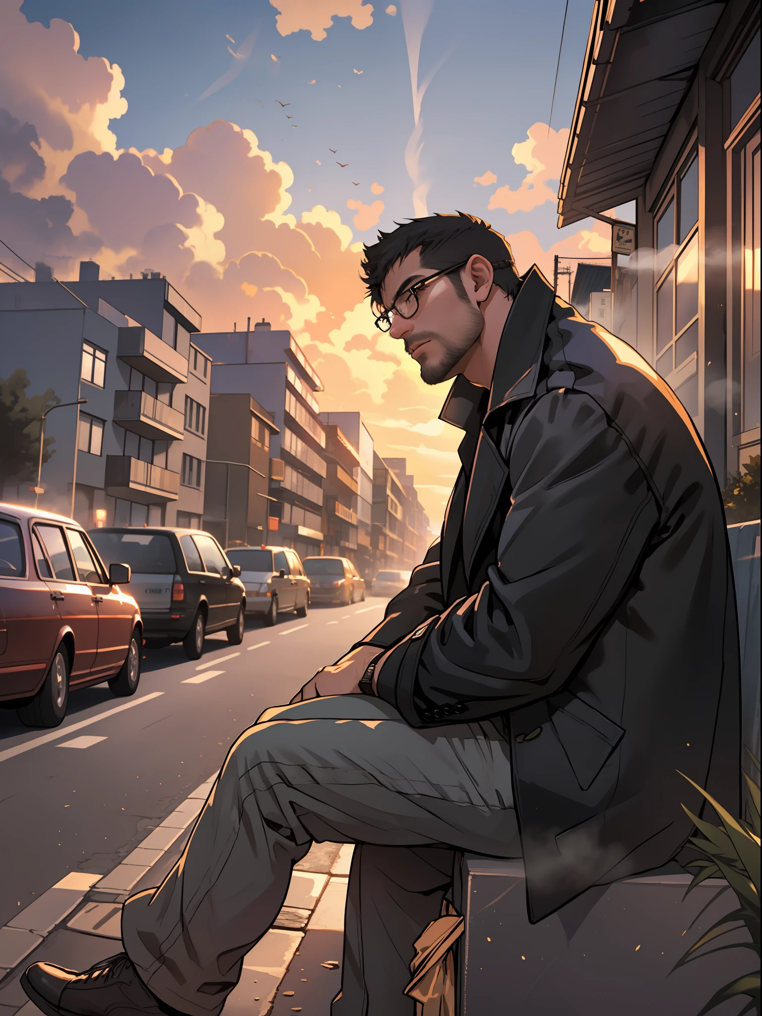 masterpiece, best quality, highres, upper body shot, ((wide angle)), zoom out, middle-aged man, macho, daddy, beefy, burly, hairy, manly, black with hair, really tall, wearing a smooth silk black trench coat, grey shirt, black pant, wearing glasses, sitting on a low doorstep, spreaded legs, sitting in the center of the shot, smoking a cigarette, blowing smoke out from the mouth, looking up to the sky, hands in the pockets, (sunset), afternoon, golden hour, golden sky color, dark buildings in the background, incredible composition, HDR, volumetric lighting, aesthetic, low camera angle