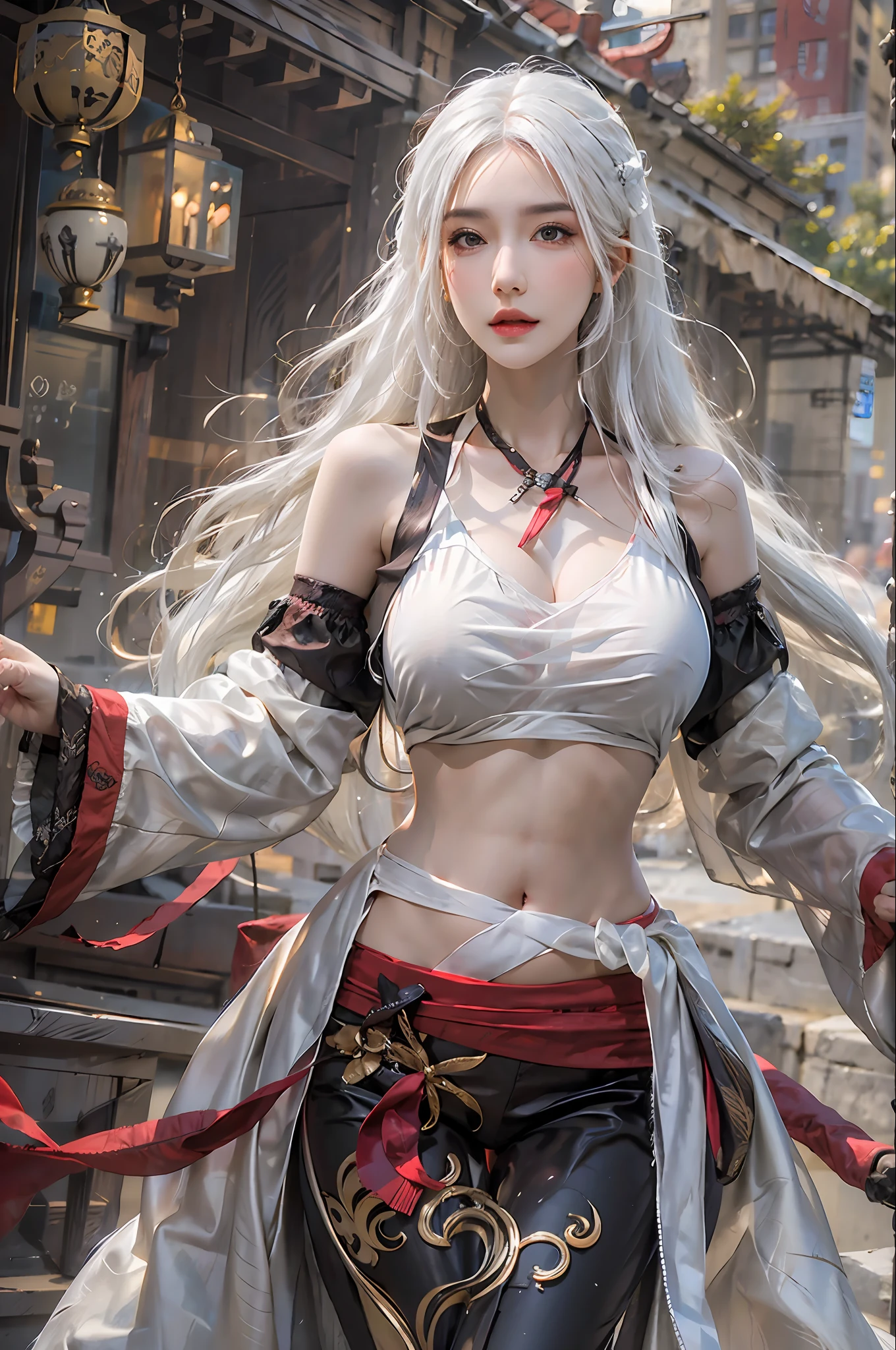 photorealistic, high resolution, 1women, solo, hips up, look at viewer, (detailed face), white hair, long hair, medium breasts, one tattoo on crotch, taoist clothes