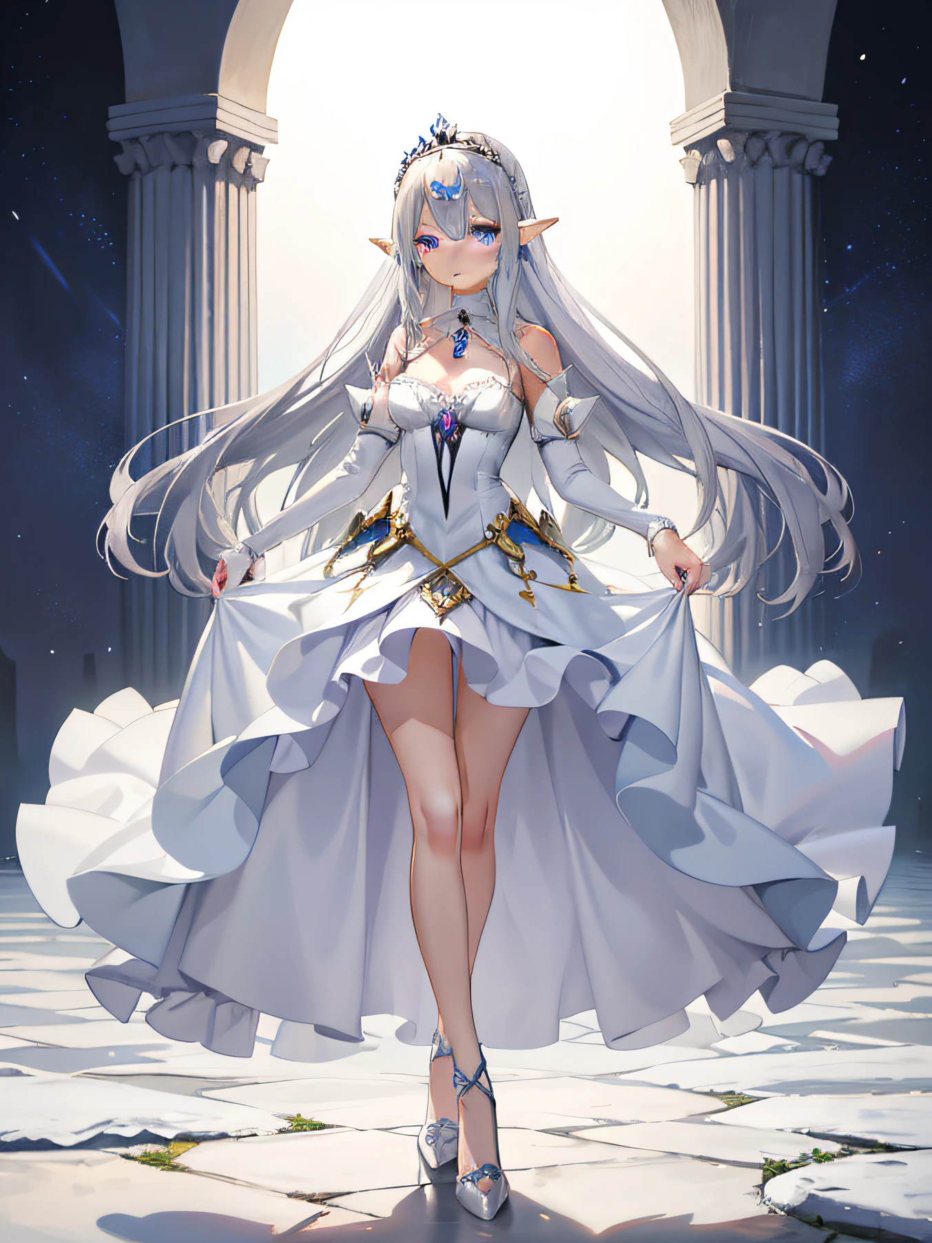 Elf Princess，Amelia，Silver hair and purple eyes，Small crystal crown，Small crystal necklace，White princess dress，waist length hair，White suspender stockings，Large breasts，Slim figure，ellegance，gentleness，weak。tmasterpiece，best qualtiy，Highest image quality，Delicate hand portrayal，Detailed facial portrayal，white Heels，rose garden，Full body photo，Full body standing painting，Large skirt，rococo