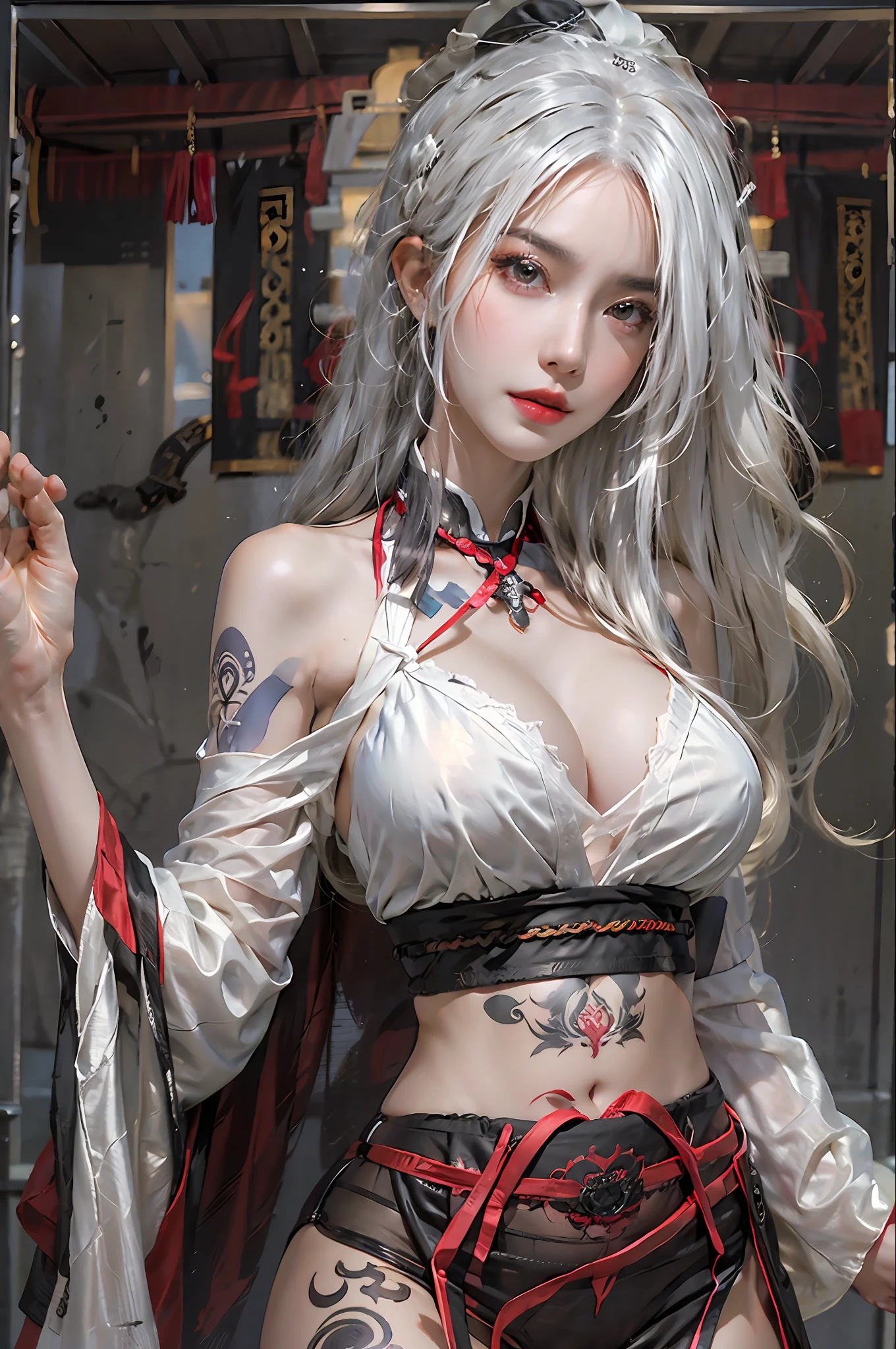 photorealistic, high resolution, 1women, solo, hips up, look at viewer, (detailed face), white hair, long hair, medium breasts, one tattoo on crotch, taoist clothes