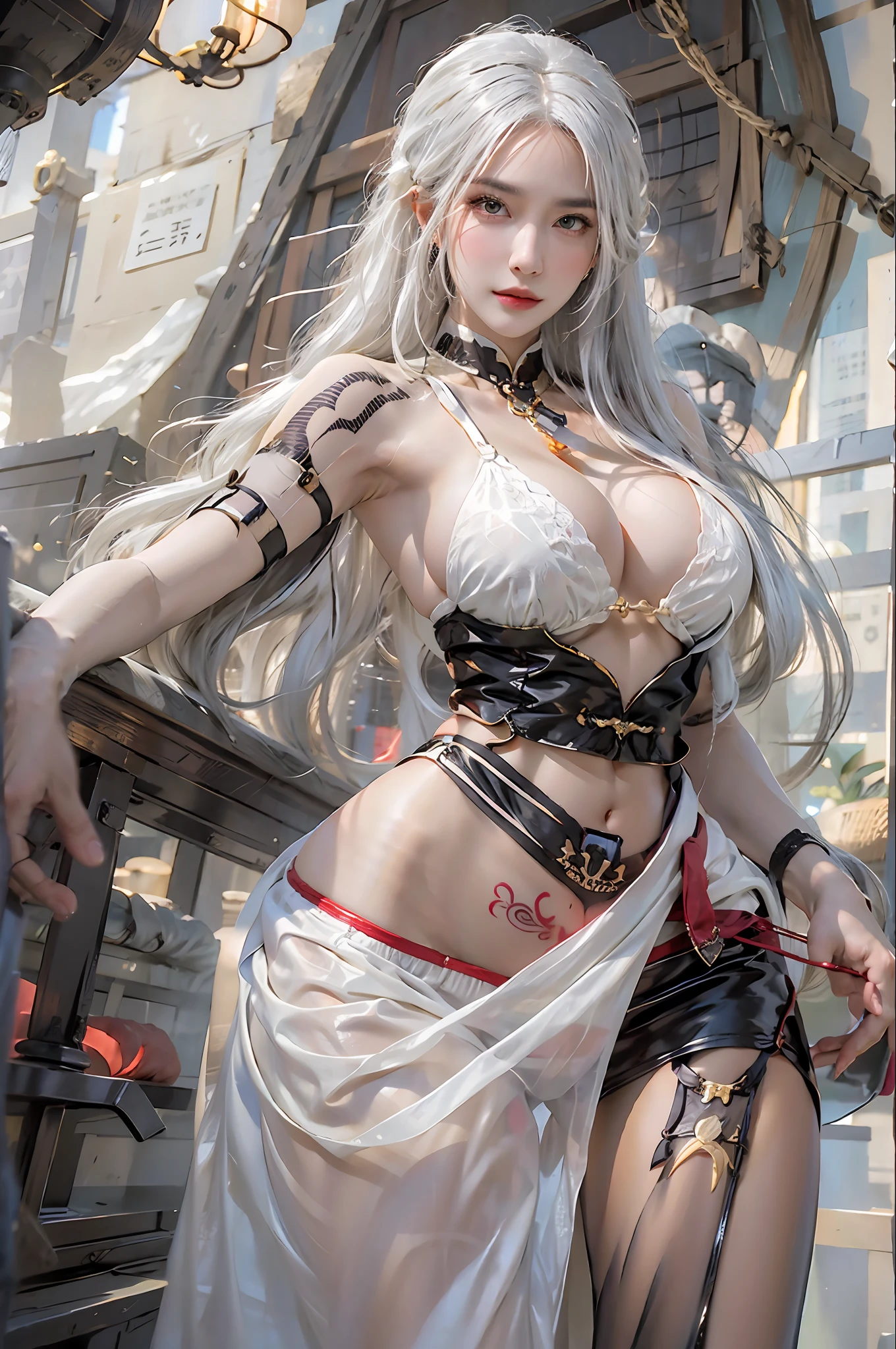 photorealistic, high resolution, 1women, solo, hips up, look at viewer, (detailed face), white hair, long hair, medium breasts, one tattoo on crotch, taoist uniform