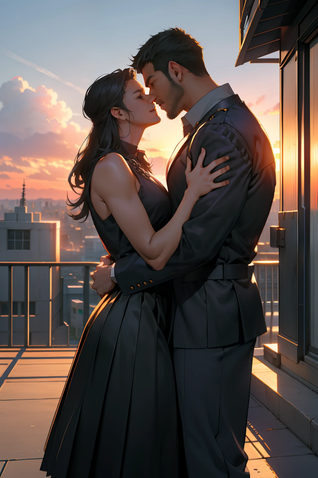 Campus rooftop，2 male teachers kissing, handsome, strong，the setting sun，Chain railings，tmasterpiece，Best Picture Quality，highly-detailing。