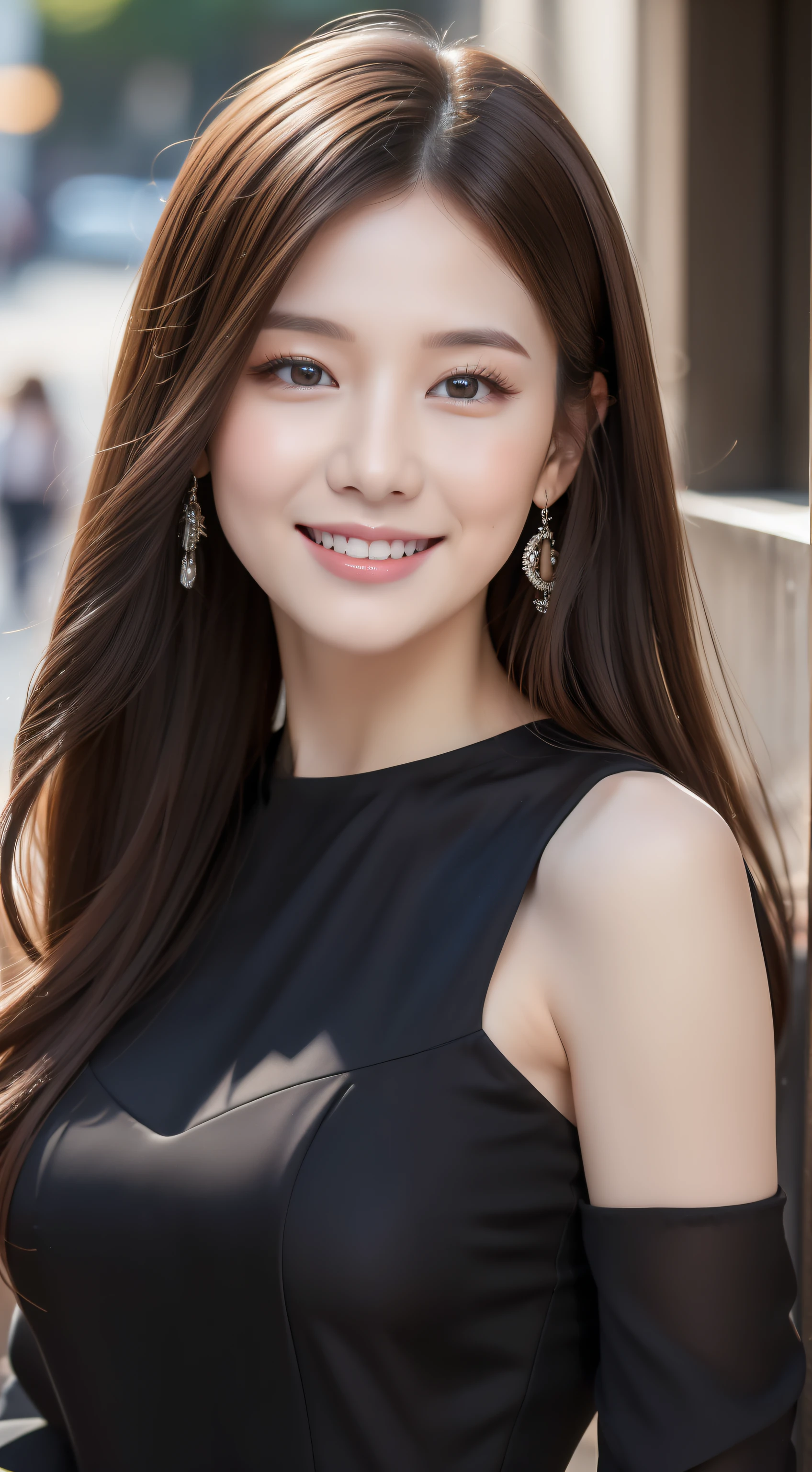 ((Best quality, 8k, Masterpiece :1.3)), 1girl, smiling, full body, slim face, Pretty woman, (Dark brown hair), full length dress :1.1, Ultra-detailed face, Detailed eyes, Double eyelid, blur background, slim face, city, outside, street,