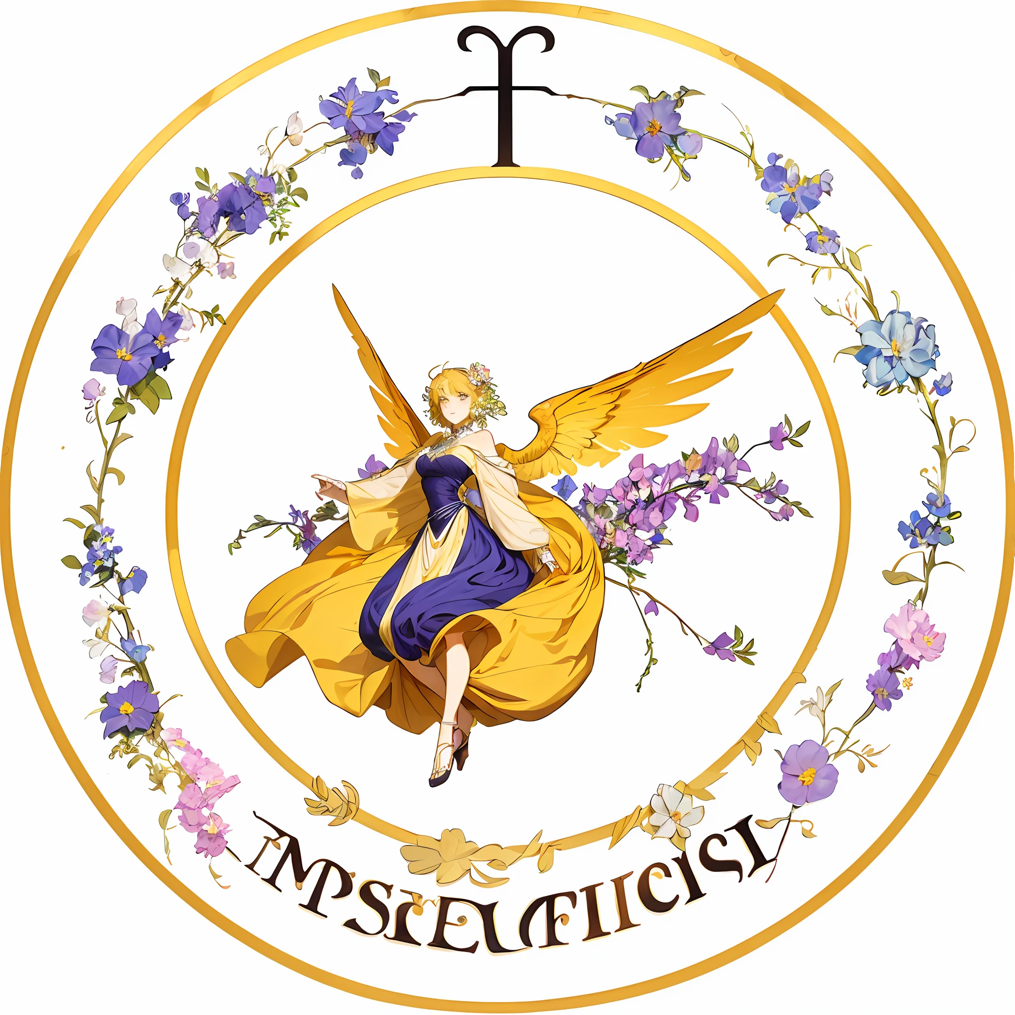 (Best quality),(Masterpiece),(Ultra detailed),(high detal),(Extremely detailed),Alphonse Mucha and Peter Morebach, Ultra detailed,A girl,Anime style ,Pisif, Floating hair, Floating,( floating long dress:1.3),(Wings:1.2),(flower:1.2)