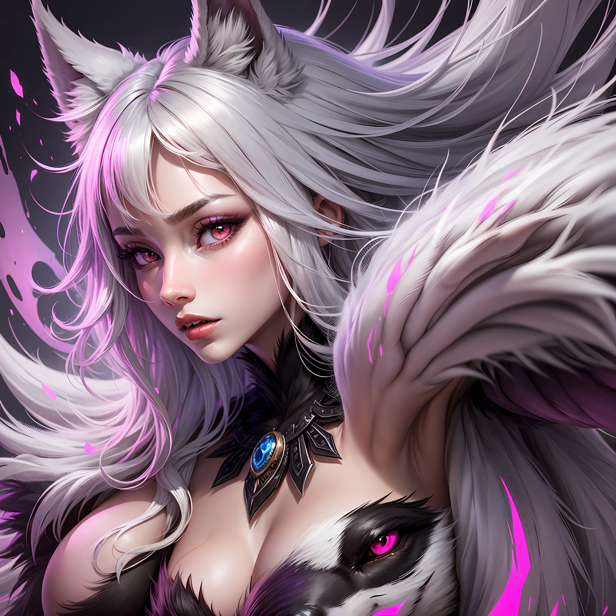 female body wolf, purple fur, long silver claws, arms outstretched, howl humain face, black skin, pink eyes, pink lips, prominent silver canine --auto --s2