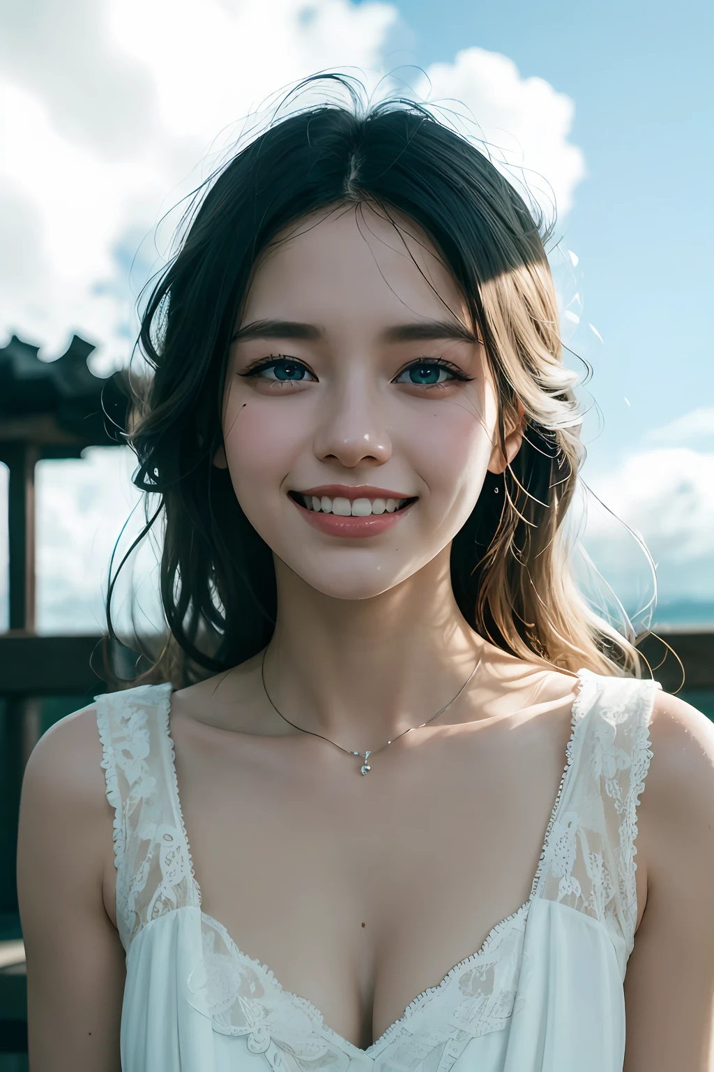 Chiaroscuro, Cinematic lighting, A high resolution, Best quality, 4K, High quality, High details, Super detail, Masterpiece,white dresses,tall nose bridge,Kizi,Messy beauty,Tano,with blue sky and white clouds,Dingdall effect,sun light,grin,adolable