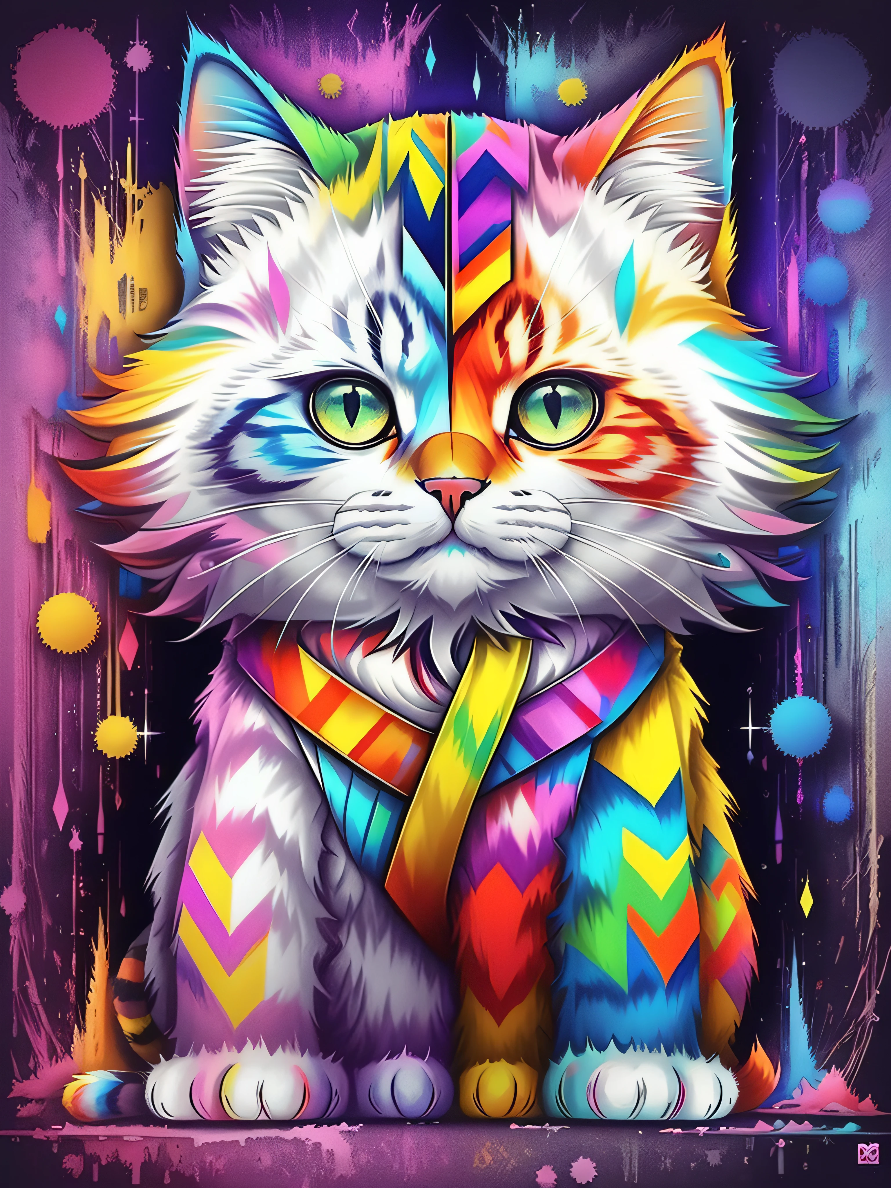 (cat (Pithecophaga jefferyi)), Eduardo Kobra acolchoamento ,multidimensional geometric PORTRAIT wall, arte, chibi, yang016k, lindo, colorido, obras-primas, qualidade superior, melhor qualidade, arte oficial, beautiful and aesthetic,