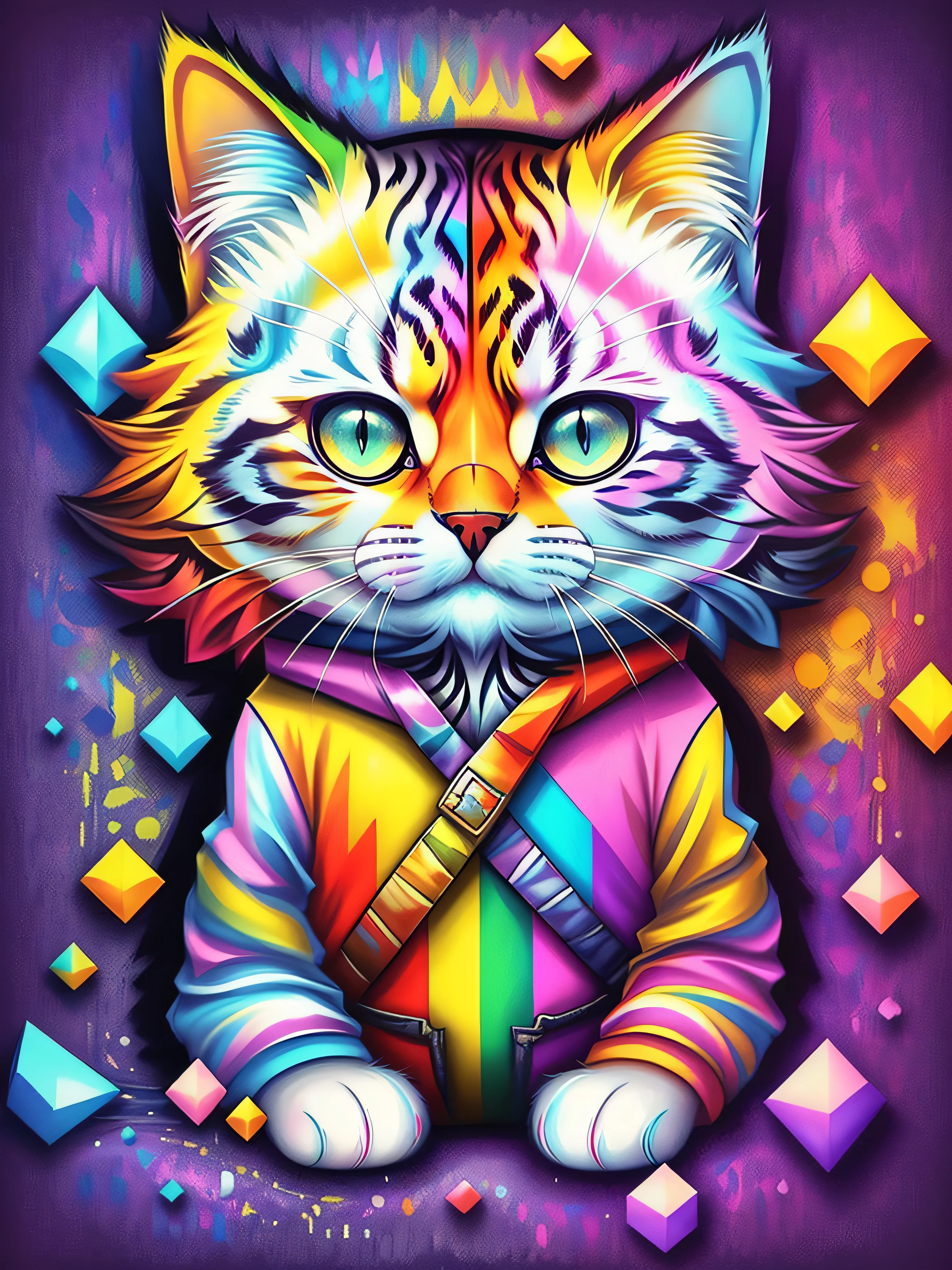 (cat (Pithecophaga jefferyi)), Eduardo Kobra acolchoamento ,multidimensional geometric PORTRAIT wall, arte, chibi, yang016k, lindo, colorido, obras-primas, qualidade superior, melhor qualidade, arte oficial, beautiful and aesthetic,