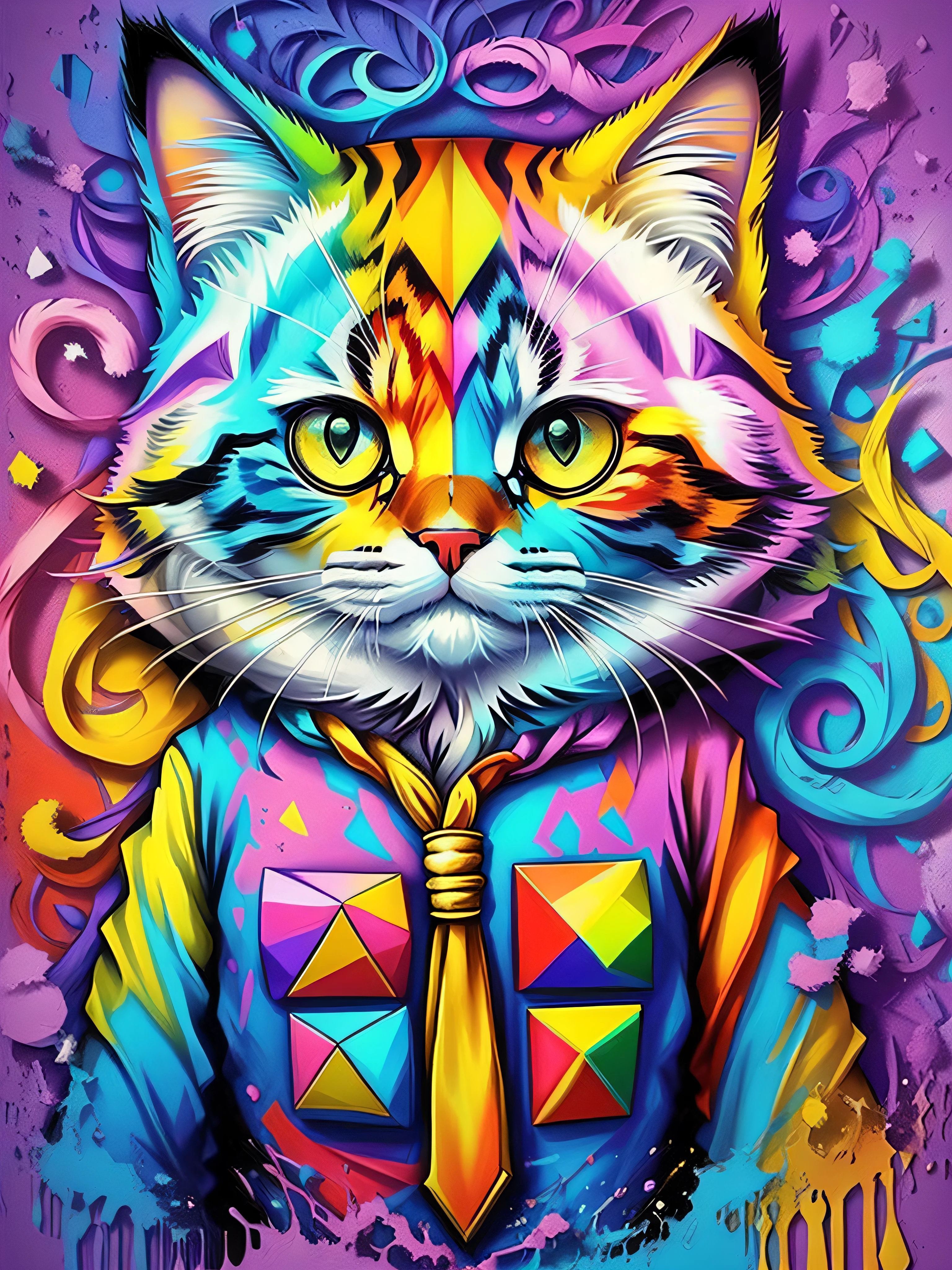 (cat (Pithecophaga jefferyi)), Eduardo Kobra acolchoamento ,multidimensional geometric PORTRAIT wall, arte, chibi, yang016k, lindo, colorido, obras-primas, qualidade superior, melhor qualidade, arte oficial, beautiful and aesthetic,