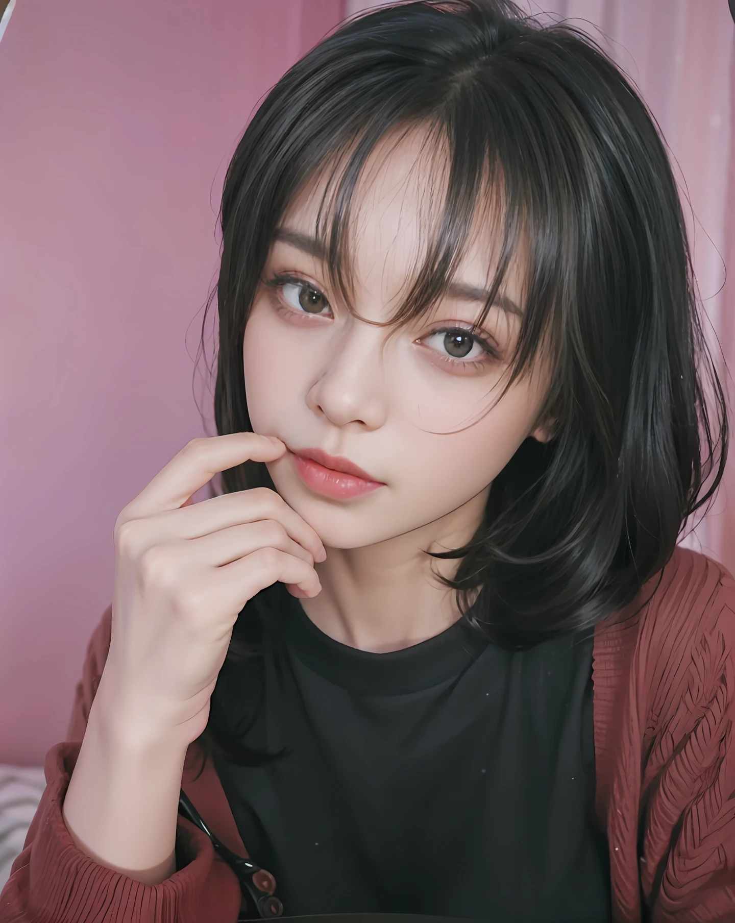 a women no make clothes, big boobs at the camera and has a serious look on her face