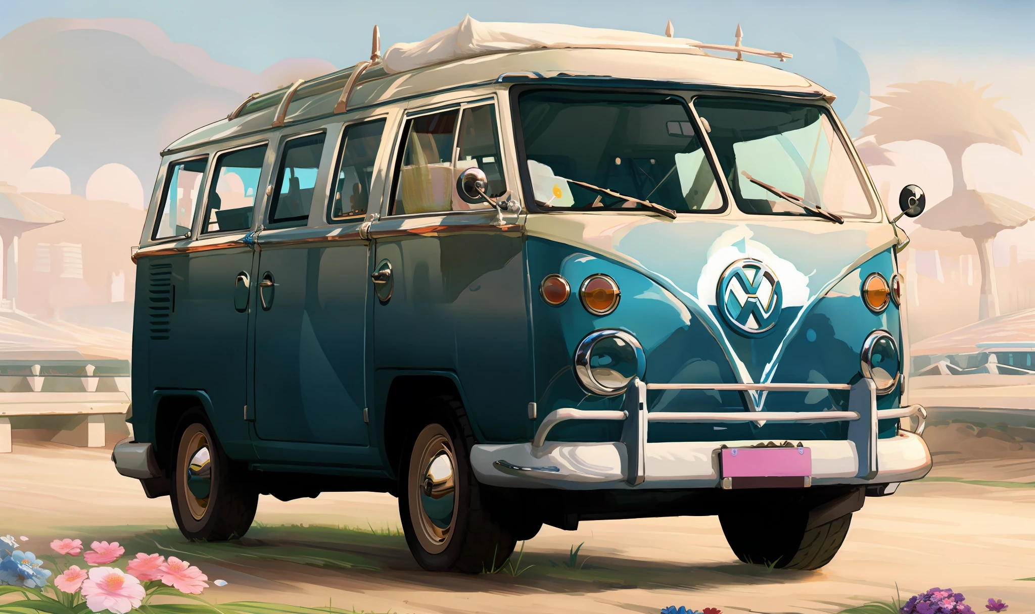 A highly detailed digital painting of a blue and white Kombi parked on a flowery plain, Vw, Medium shot Front profile, new vehicle, Perfil frontal, 8k, cores vivas, perfectly proportions