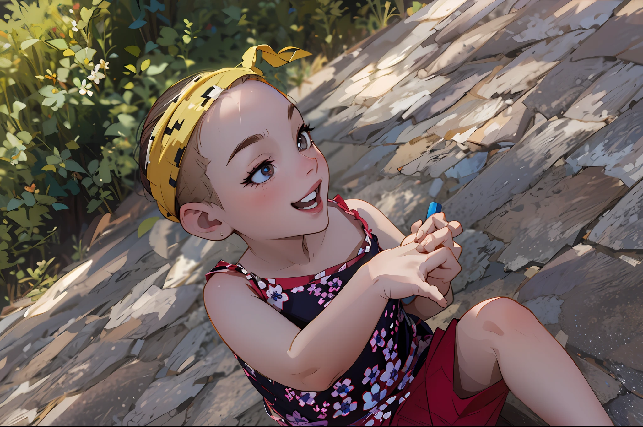 There's a baby sitting on the floor with a toothbrush, Giro, super fofo, playful grin, super adorable, garoto feliz, Sorrisos, wearing the number 1 headband, caixa, muito fofo, Pose atrevida, head shoot, so cute, menina feliz, foto de closeup, flower child, marvelous expression, menina bonito, sorrindo brincando, Directed by: Pamela Ascherson