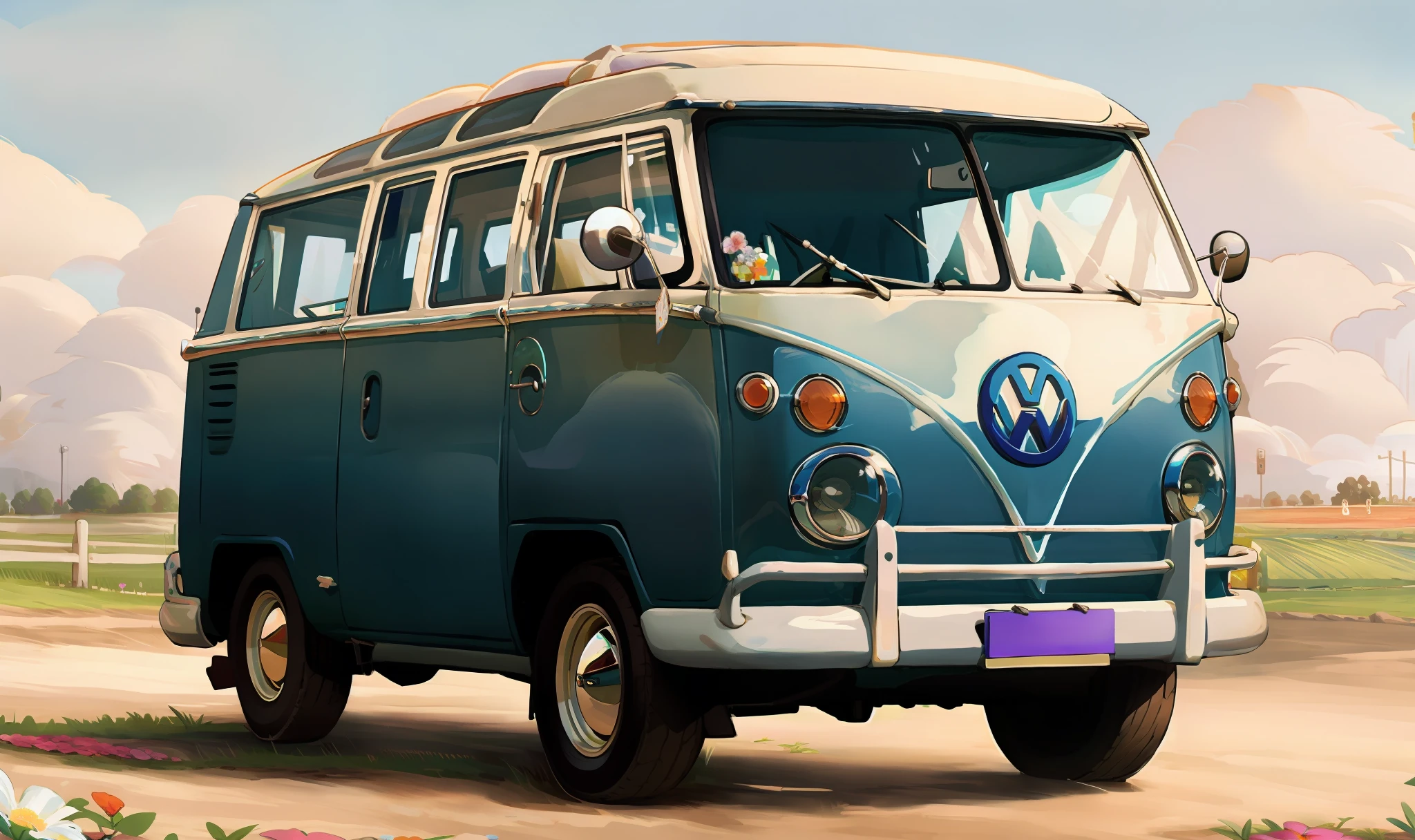 A highly detailed digital painting of a blue and white Kombi parked on a flowery plain, Vw, Medium shot Front profile, new vehicle, Perfil frontal, 8k, cores vivas, perfectly proportions