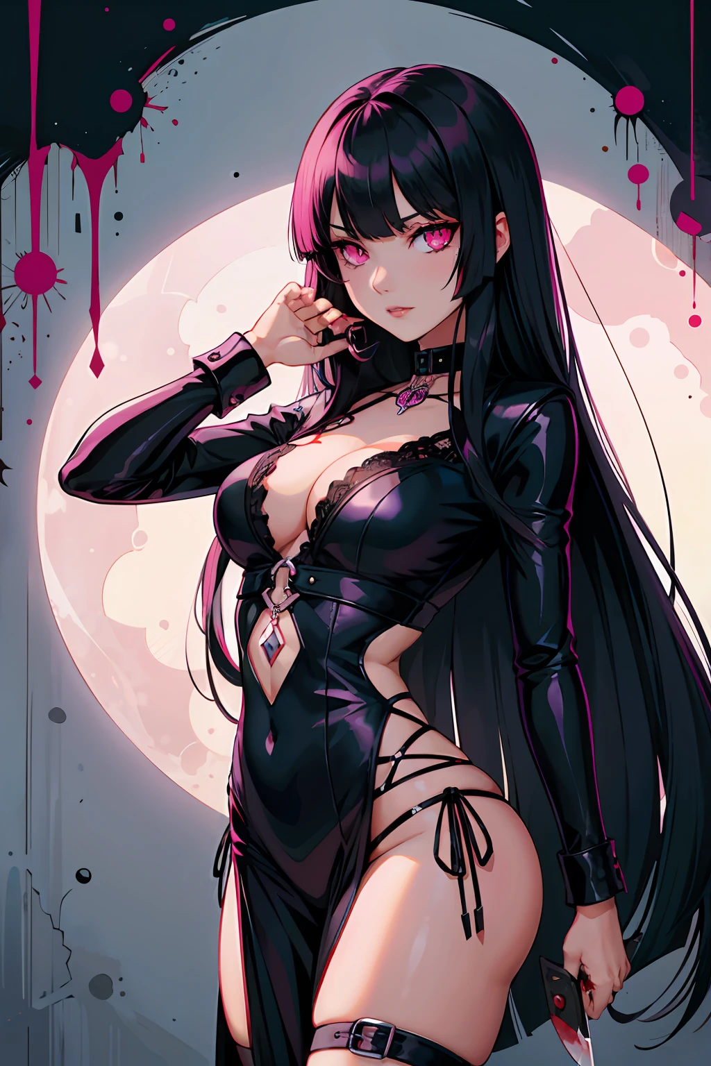 Pyscho Girl long black hair with bangs pink eyes gothic knife blood