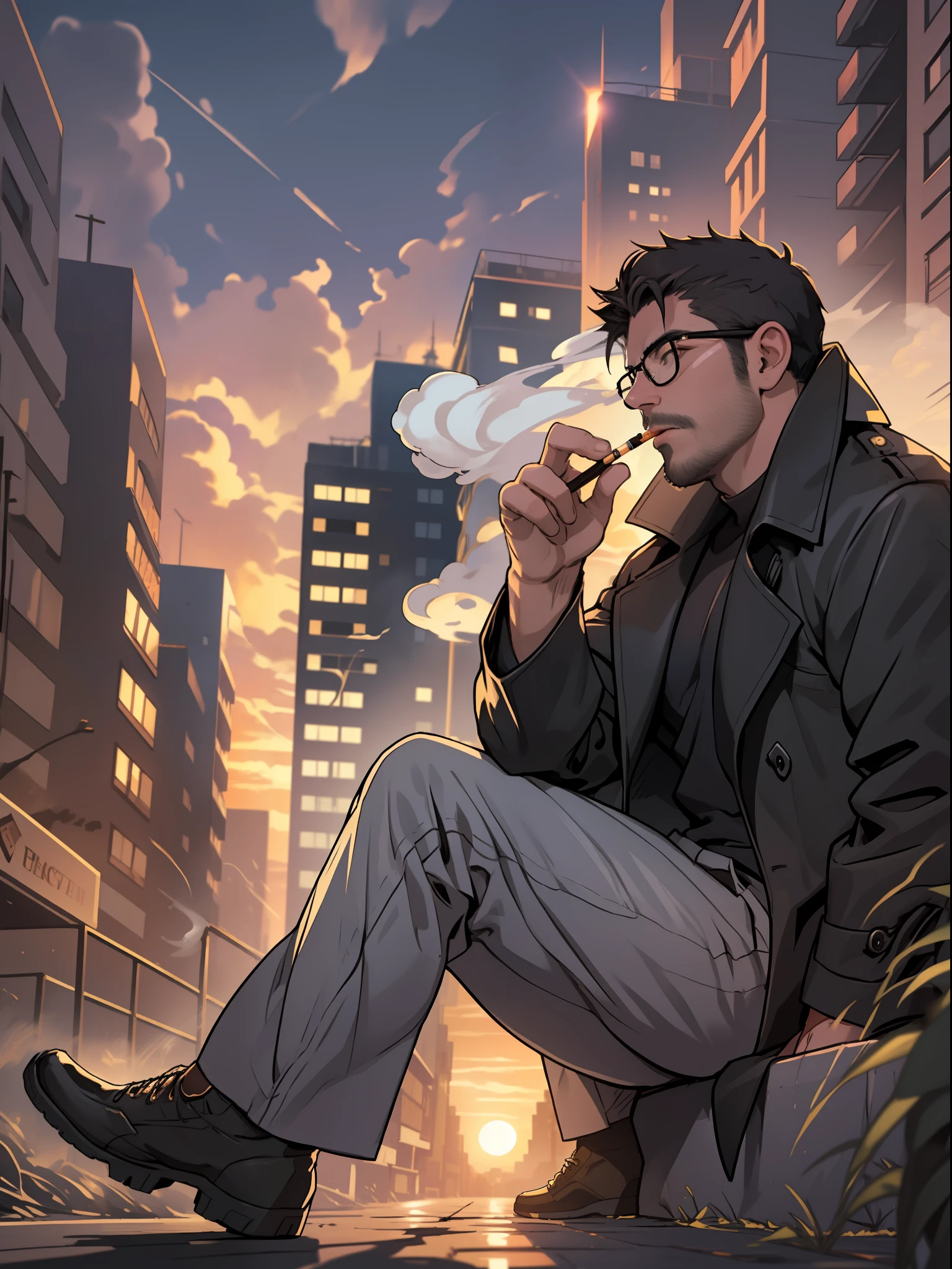 masterpiece, best quality, highres, upper body shot, ((wide angle)), zoom out, middle-aged man, macho, daddy, beefy, burly, hairy, manly, black with hair, really tall, wearing a smooth silk black trench coat, grey shirt, black pant, wearing glasses, sitting on a low doorstep, spreaded legs, sitting in the center of the shot, smoking a cigarette, blowing smoke out from the mouth, looking up to the sky, hands in the pockets, (sunset), afternoon, golden hour, golden sky color, dark buildings in the background, incredible composition, HDR, volumetric lighting, aesthetic, low camera angle