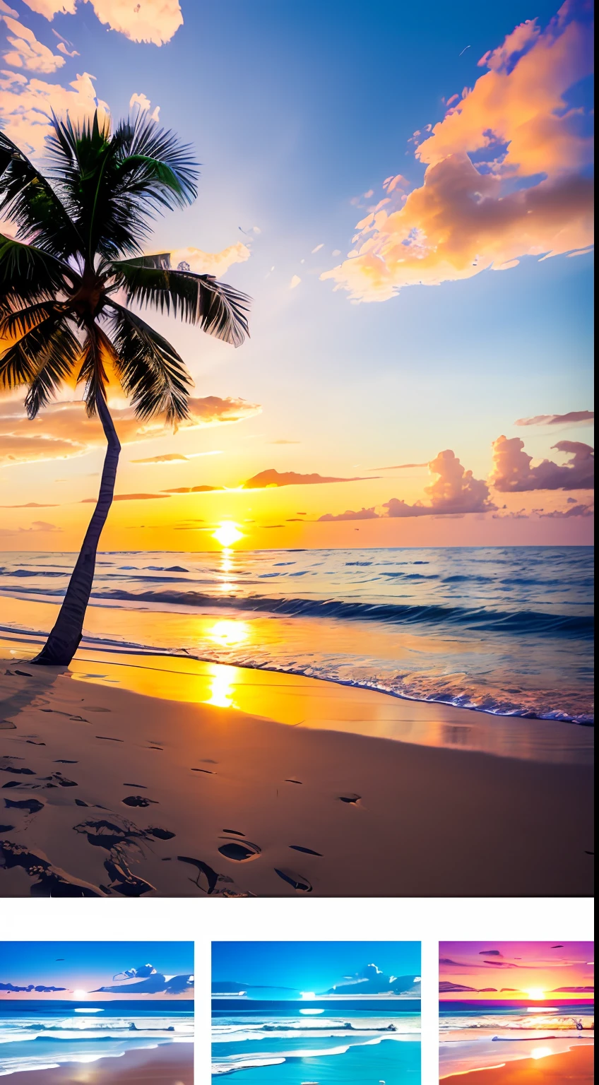 Create a 4K 9:16 image that depicts a stunning sunrise on a tropical beach, with gentle waves and palm trees along the coast. The color palette should be vibrant and convey a sense of renewal and positive energy.