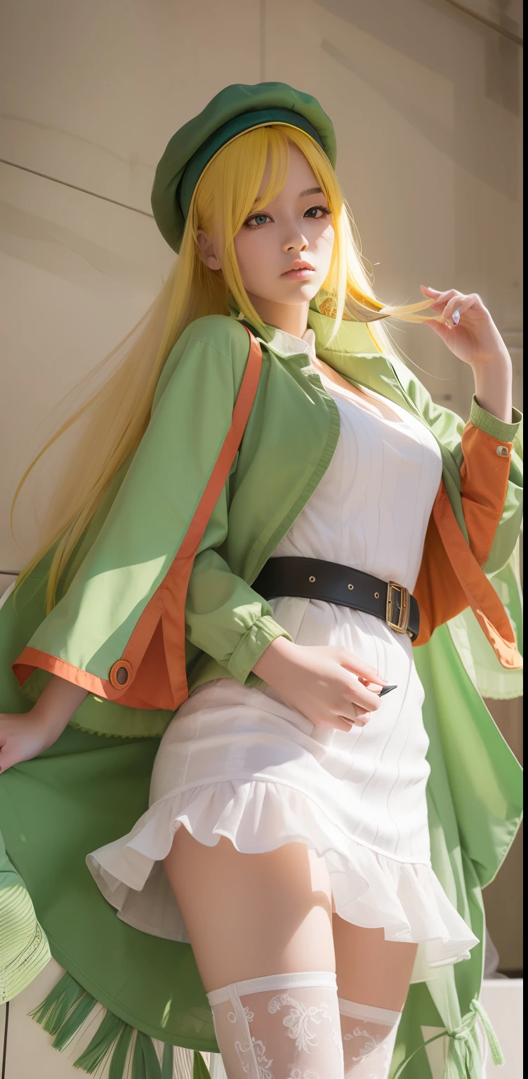 1girl, Floryn, mobile legend bang bang, yellow hair, green hat, realistic, ultra detail
