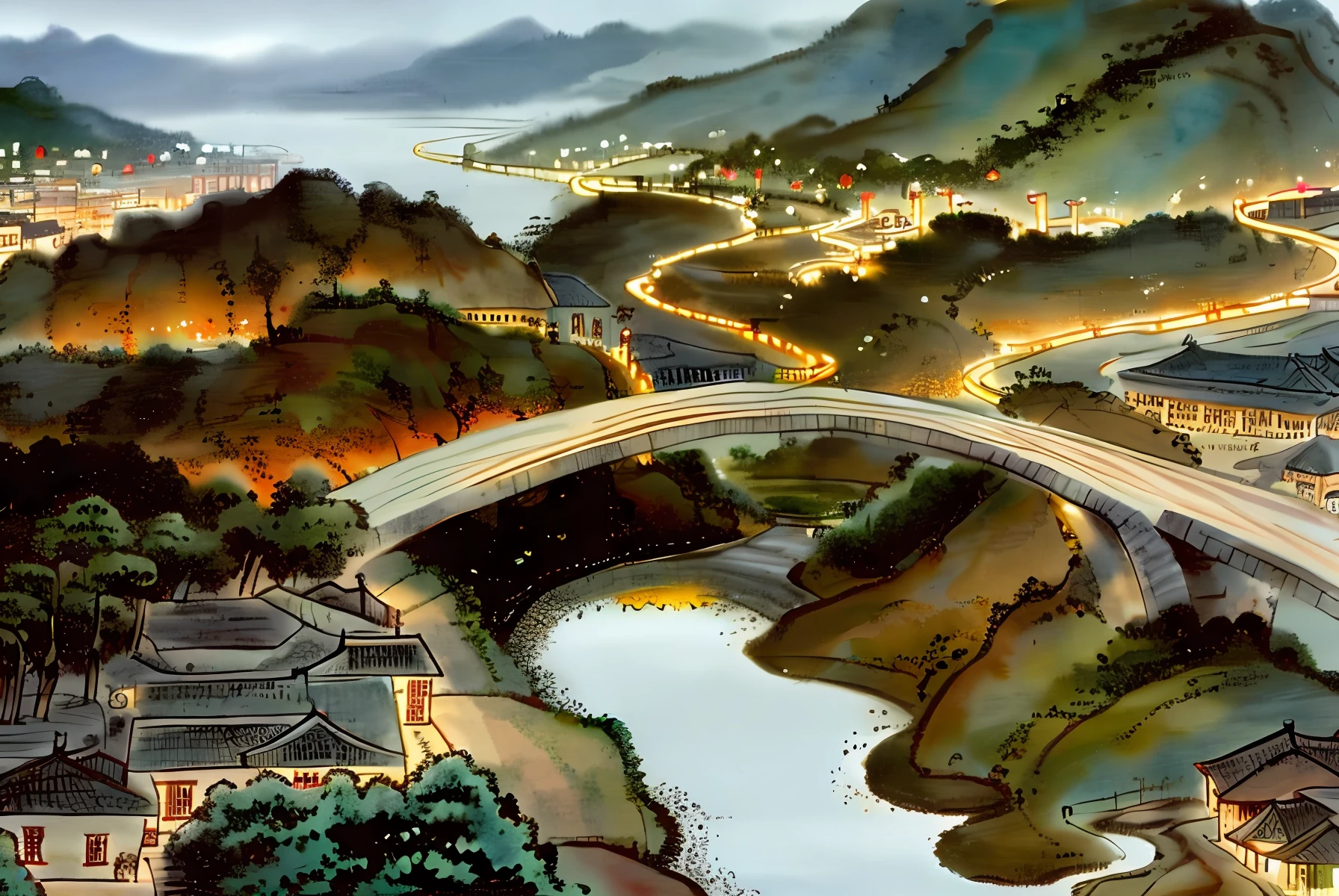 The most beautiful scenery，Famous city ancient town，small bridge flowing water，Cruise by，The lights on both sides of the strait are bright，High definition，zoomed，High multiple。