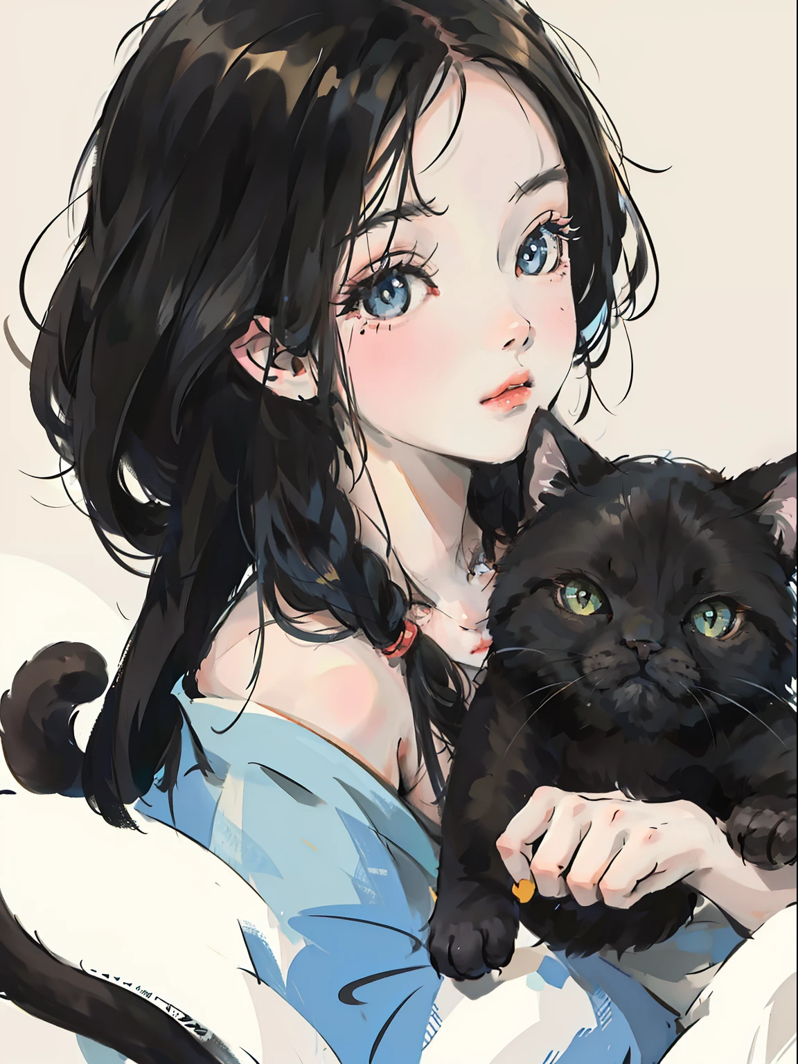 Close-up of the face·,A cat and a girl with short black hair,Cute and agile,illustration