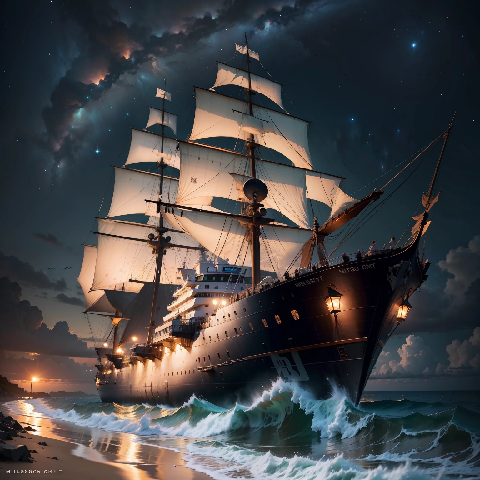 Masterpiece, hd quality, high resolution, realistic, beach, milky way, night, HDR, 1girl, sea, full colour, ship, Comet, ultra graphic, beautiful