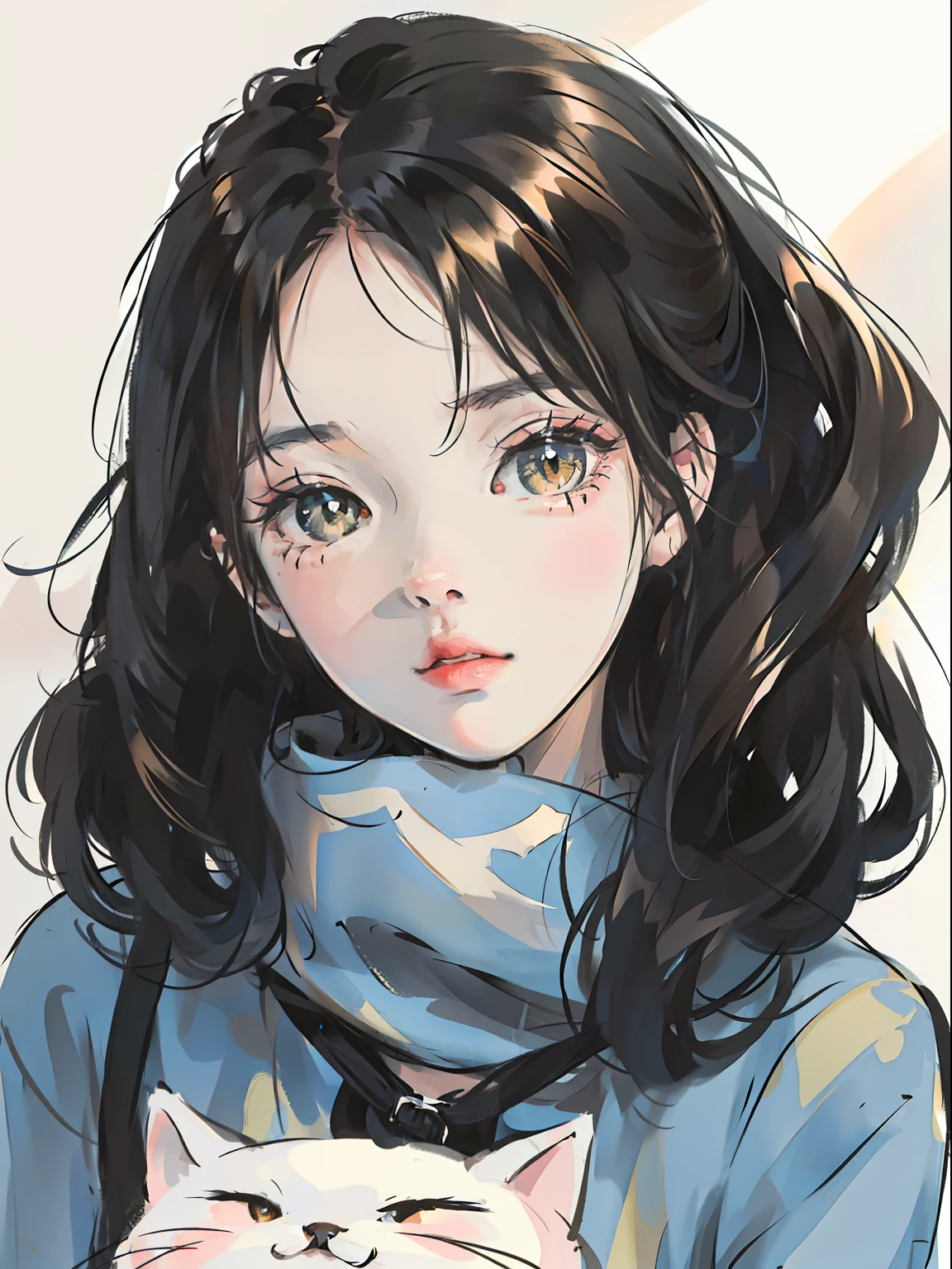 Close-up of the face·,A cat and a girl with short black hair,Cute and agile,illustration
