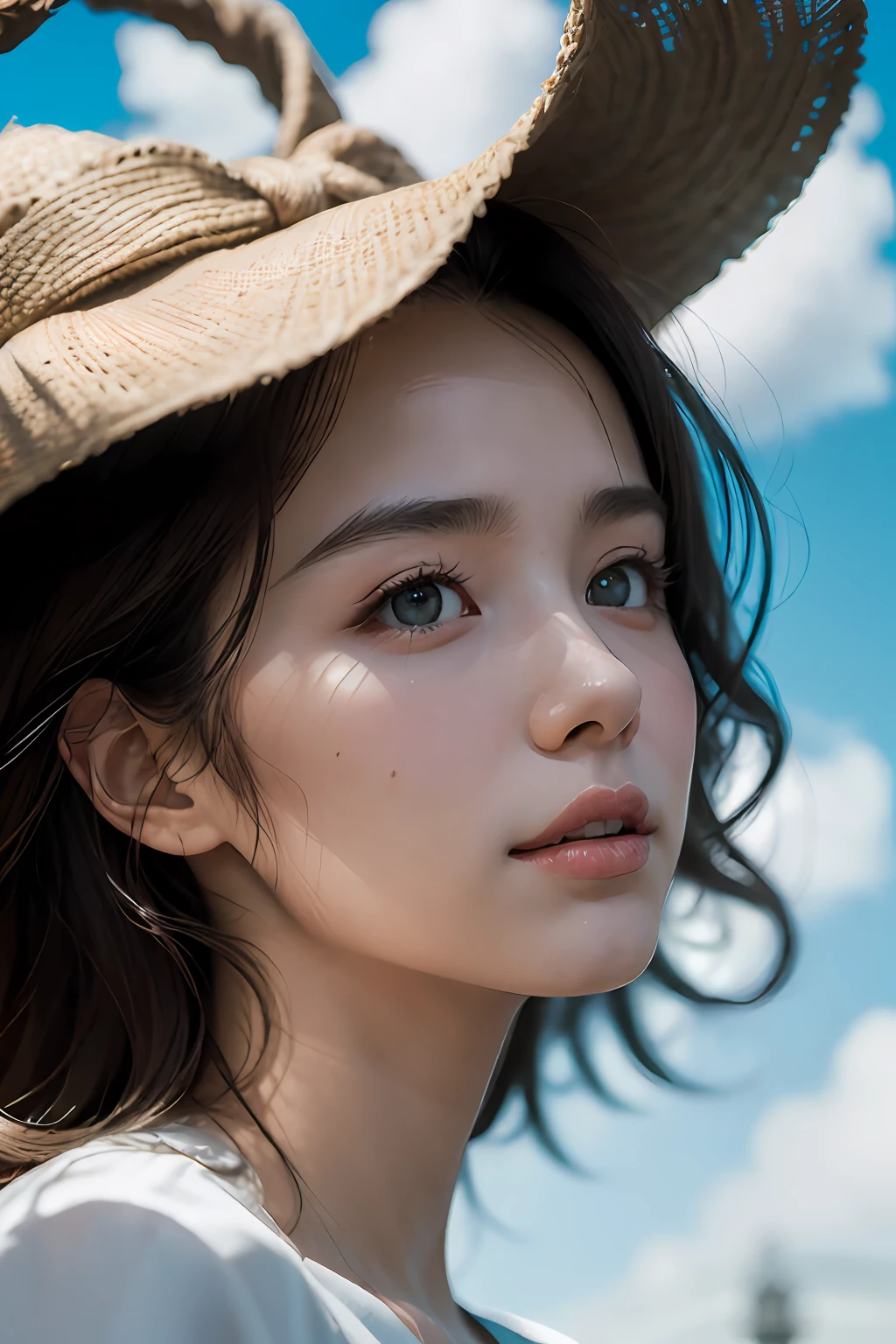 Chiaroscuro, Cinematic lighting, A high resolution, Best quality, 4K, High quality, High details, Super detail, Masterpiece，Around the lake，tall nose bridge，比基尼，Kizi，Messy beauty，Tanonaka，with blue sky and white clouds，Dingdall effect，sun light，ssmile，adolable