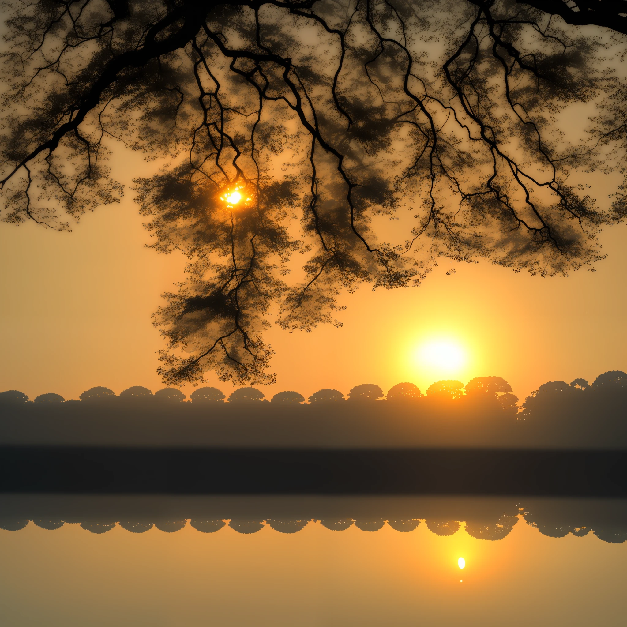 The rising sun rises in the east, with water and trees