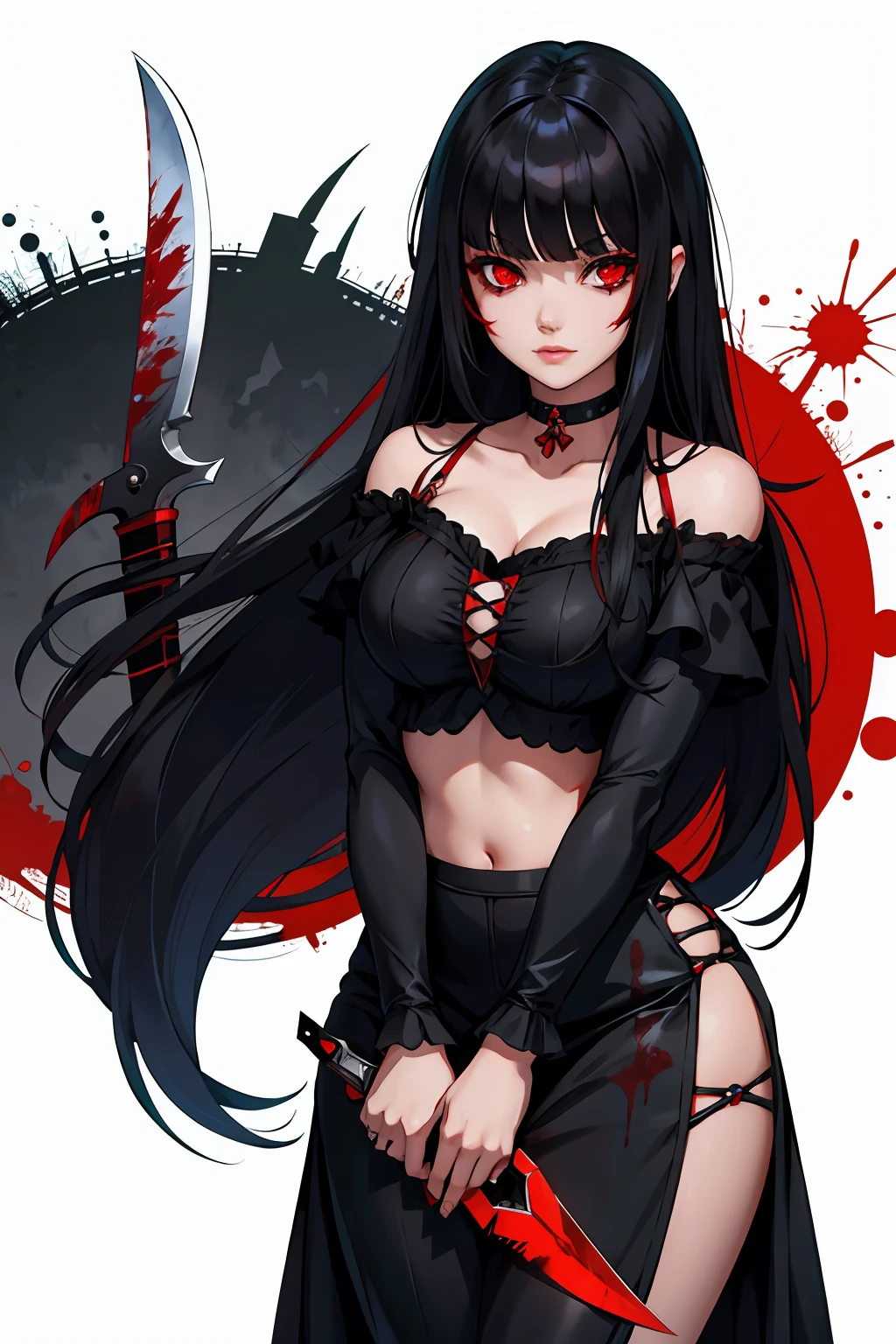 Pyscho Girl long black hair with bangs red eyes gothic knife blood Gore