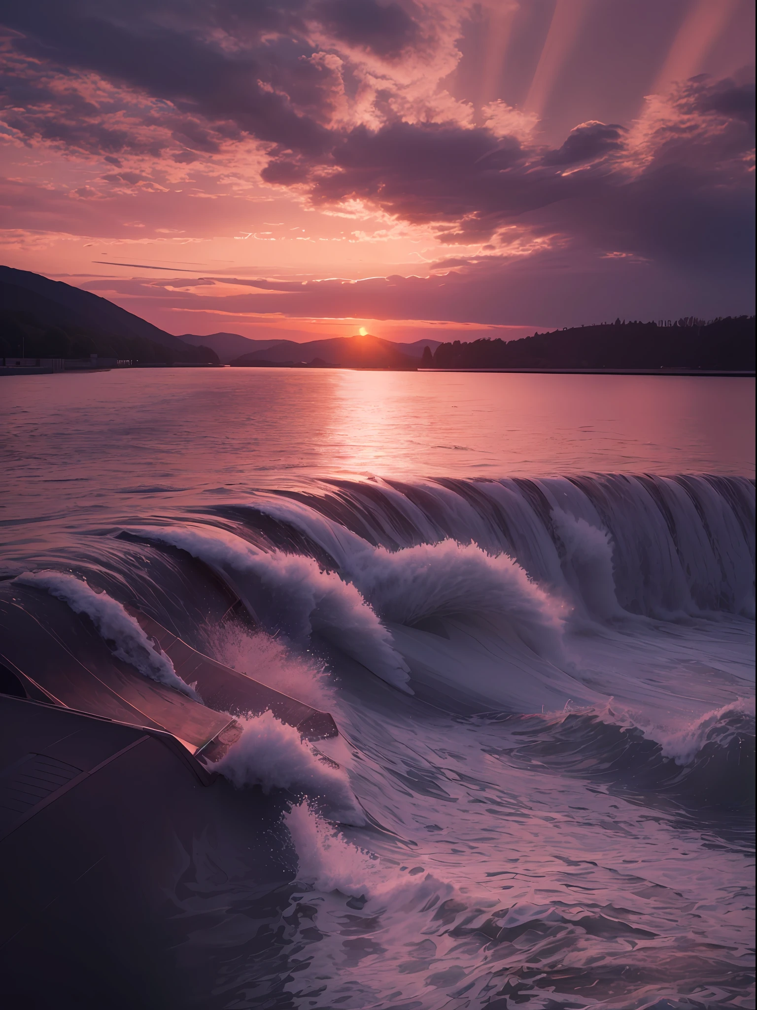 (A lake with a big water Dam, Control water, waves.) a sunset landscape, a boat, Canon 50m lens effect, focused gaze in the middle, detailed, 8k, fantastic, natural,