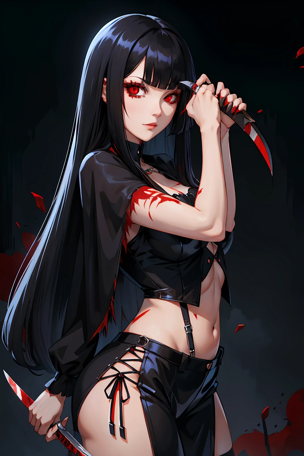Pyscho Girl long black hair with bangs red eyes gothic knife blood Gore