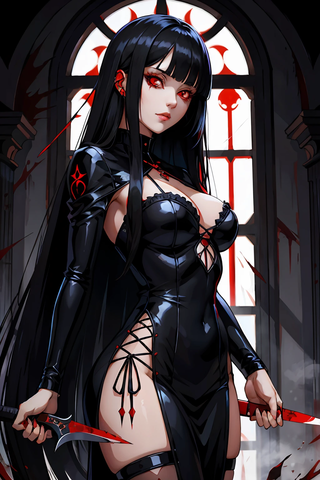 Pyscho Girl long black hair with bangs red eyes gothic knife blood Gore